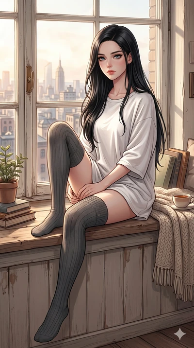 score_9, score_8_up, score_7_up, source_anime, masterpiece, best quality, ultra-detailed, same character with long black hair, wearing a white oversized shirt and high-thigh socks, sitting on a window sill in a cozy room, soft natural light, city vie