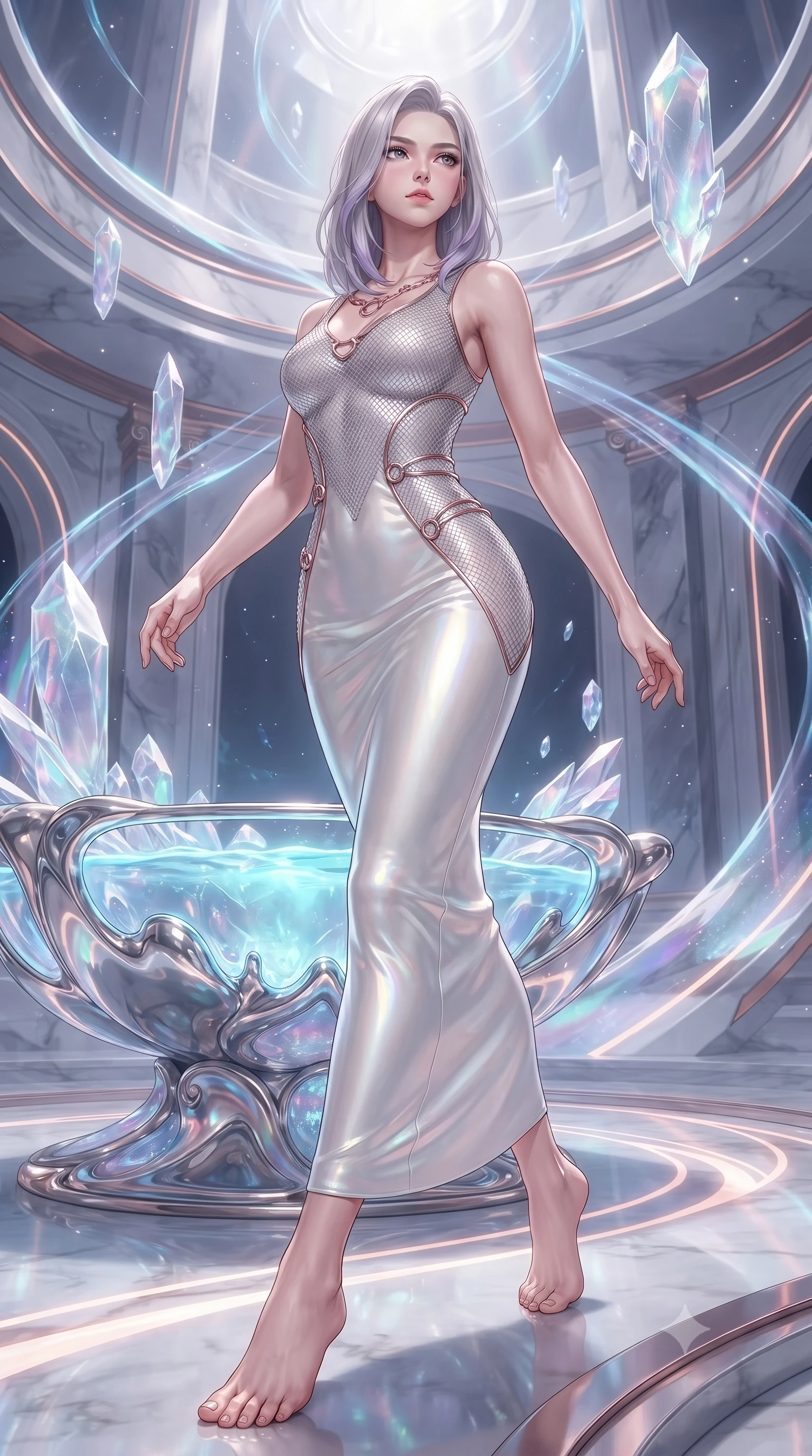 score_9, masterpiece, best quality, ultra-detailed, high-budget anime keyframe, editorial fashion photography, tasteful artistic composition, Caucasian woman. low angle full-body shot from head to toe showing her feet, filling the entire 9:16 vertical frame with her statuesque presence, stretching her vertical silhouette. navigating the celestial sanctuary with an effortless, graceful stride, resting near a crystal basin filled with glowing bioluminescent opal water, sculptural elegance of liquid metal contrasting with soft silk textures. She has an absolutely perfect, statuesque 8.5-heads proportion, an exceptionally tall and slender model-like female figure with impossibly long slender legs and an ultra-slim waist. sharp v-shaped jawline, high-bridge nose, intricate jewel-like eyes with depth, thick eyelashes, glossy lips with a natural sheen. wearing fitted opal-glazed silk maxi dress hugging every curve in pearl white, made of fine silver contouring mesh, trimmed with rose-gold ring hardware along the waist contours, accentuating her gracefully sculpted slender torso. illuminated by ultra-bright specular highlights reflecting off liquid pearl. ultra-reflective glossy finish, specular highlights, metallic sheen, high-contrast stereoscopic depth, volumetric dynamic lighting, 2k, ultra detail, master piece, 9:16 ratio