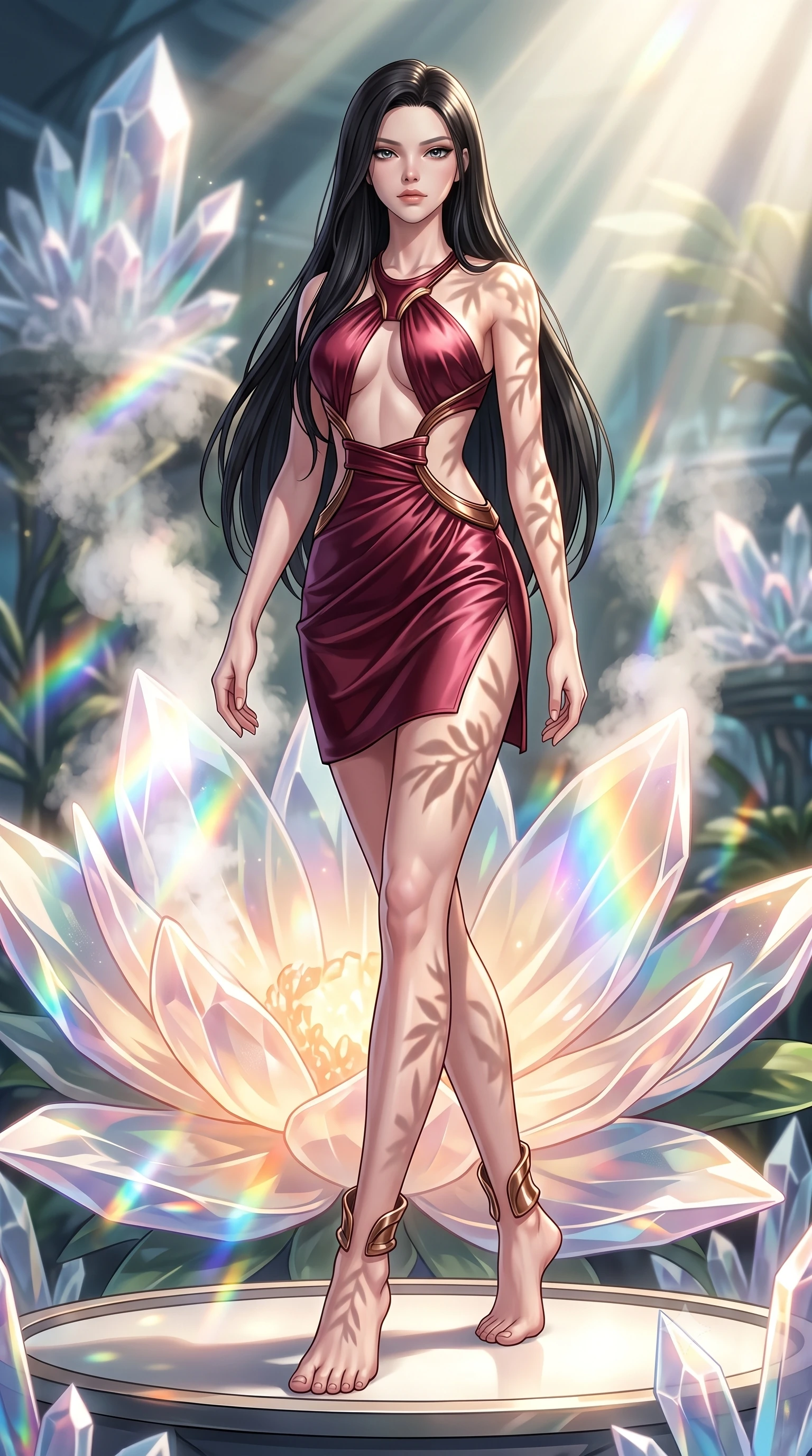 score_9, masterpiece, best quality, ultra-detailed, high-budget anime keyframe, editorial fashion photography, tasteful artistic composition, Korean woman. low angle full-body shot from head to toe showing her feet, filling the entire 9:16 vertical frame with her statuesque presence, stretching her vertical silhouette. stepping forward with proud posture, filling the vertical frame with her magnetic presence resting near a giant solar-powered crystal flower emitting soft warm light, steam clouds refracting sunlight into brilliant rainbow prisms. She has an absolutely perfect, statuesque 8.5-heads proportion, an exceptionally tall and slender model-like female figure with impossibly long slender legs and an ultra-slim waist. sharp v-shaped jawline, high-bridge nose, intricate jewel-like eyes with depth, thick eyelashes, glossy lips with a natural sheen. wearing a dramatic open-waist cutout mini dress framed by sculptural hardware in deep burgundy and bronze, crafted from lustrous satin jersey with fluid draping, finished with a sleek side slit ascending to mid-thigh, the tailored fabric tightly following every curve of her athletic build. illuminated by brilliant sunbeams casting organic leaf stencil shadows. highly saturated vibrant anime colors, detailed shading with soft gradients, rich glossy textures, high-contrast stereoscopic depth, volumetric dynamic lighting, master piece, 9:16 ratio