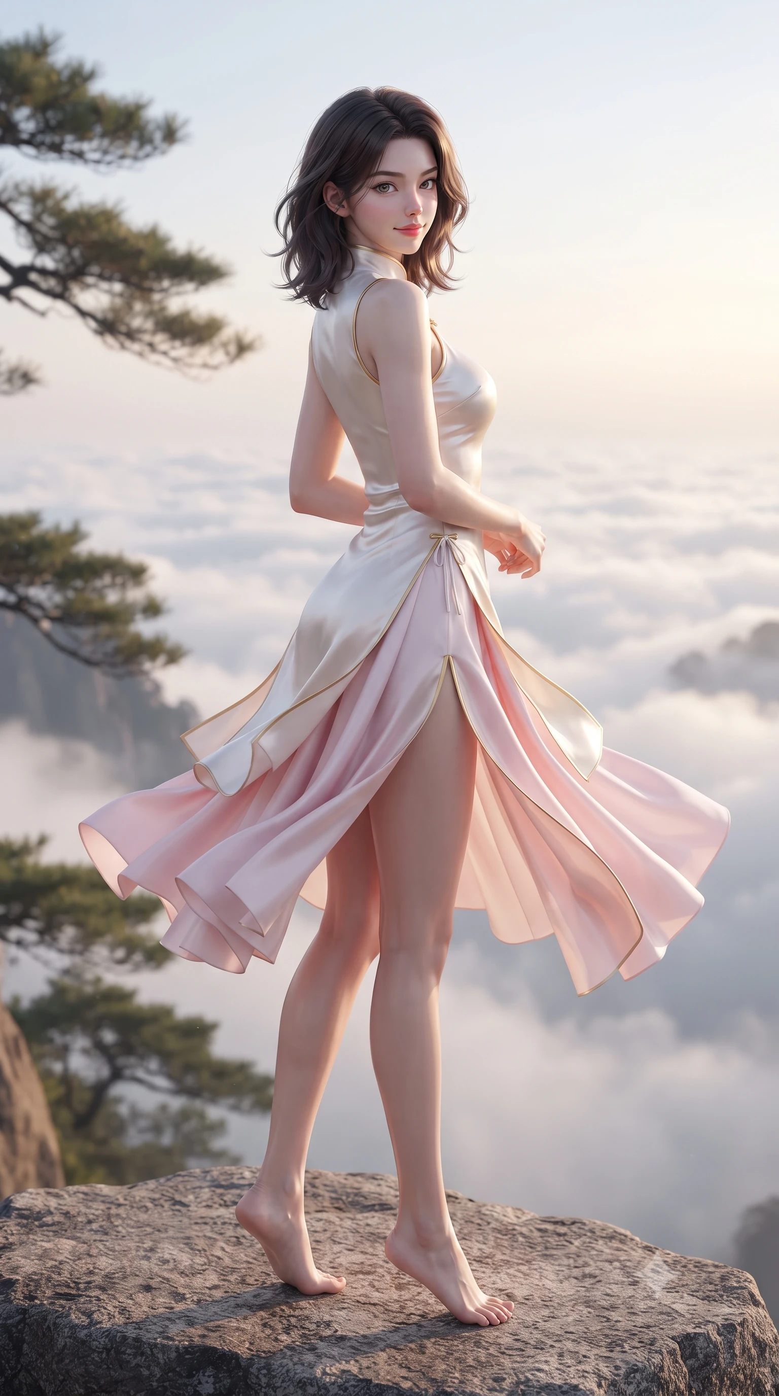 score_9, masterpiece, best quality, ultra-detailed, high-budget anime keyframe, editorial fashion photography, tasteful artistic composition, Korean woman. low angle full-body shot from head to toe showing her feet, filling the entire 9:16 vertical frame with her statuesque presence, stretching her vertical silhouette. executing a graceful dancer pivot turn as her layered silk chima skirt flutters around her slender legs, glancing over her shoulder with an intoxicating bedroom-gaze while standing poised on a sheer granite cliff ledge overlooking the rolling sea of clouds at sunrise, arching her back with breathtaking supermodel poise. The background shows a soft-focus twisted ancient Huangshan pine canopies softened in legendary ink-painting shallow focus. She has an absolutely perfect, statuesque 8.5-heads proportion, an exceptionally tall and slender model-like female figure with impossibly long slender legs, an ultra-slim waist, a flat toned midriff, narrow delicate ribcage, and beautifully sculpted feminine hips creating a graceful, slim hourglass silhouette without any bulky heaviness. sharp v-shaped jawline, high-bridge nose, intricate jewel-like dark sparkling almond eyes with depth, thick lashes, glossy parted lips with a natural rose-plum sheen, bright alluring and coquettish smile with bedroom-eyes, exuding both timeless oriental elegance and sovereign high-fashion allure, flawlessly proportioned anatomical accuracy, strict slender model proportions, natural body alignment, perfectly sculpted long slender limbs, ultra-slim waistline, clean dynamic posture without body distortion. wearing a form-contouring sleeveless turtleneck mini dress in liquid silk satin with subtle side hip ties and high slits in soft cherry blossom pink and pearlescent ivory, made of supple second-skin stretch silk jersey clinging flawlessly to her form, finished with sharp laser-cut side hip slits framed by gold piping, the glove-like silhouette tightly following the natural contour of her hips and long slender legs with youthful 8.5-heads elegance. illuminated by white cloud bounce fill and sharp warm-gold rim lighting sculpting her razor-sharp jawline, narrow waist, and curvy hips. ultra-reflective glossy finish, specular highlights, rich textural contrasts, high-contrast stereoscopic depth, volumetric dynamic lighting, 2k, ultra detail, master piece, 9:16 ratio