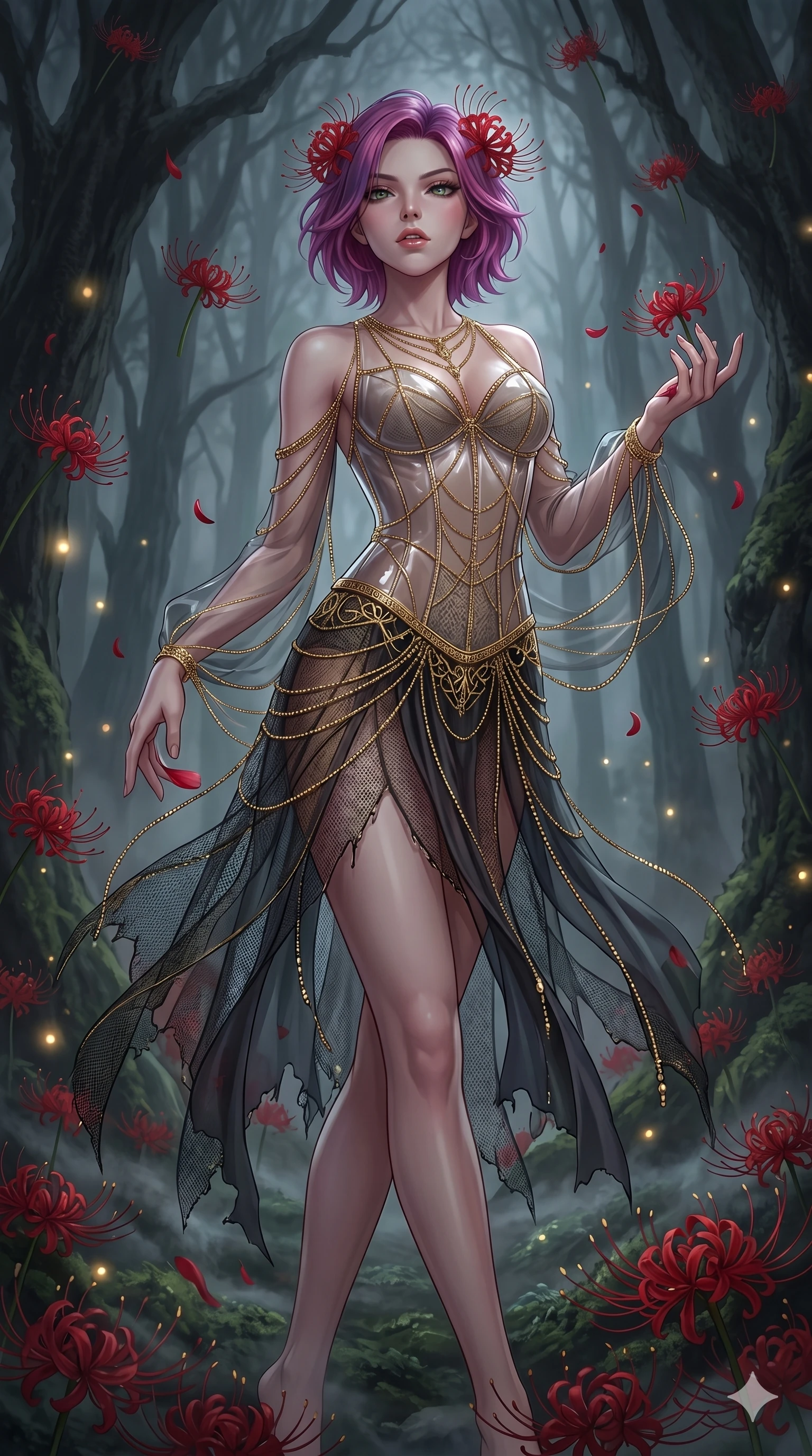 score_9, masterpiece, best quality, ultra-detailed, High-budget Anime Keyframe, East Asian woman. Low angle cowboy shot filling the entire 9:16 frame with her statuesque presence. Scenario 115: Dancing amidst falling red spider lilies in a misty dark forest. Her presence is magnetic and overpowering in this high-budget anime scene. Outfit 115: A translucent PVC bare with a backless design and fine gold chains. The clothing is designed to emphasize her exceptionally tall and slender 8-heads proportion. 8-heads proportion, towering silhouette, ultra-slim waist. sharp v-shaped jawline, intricate jewel-like eyes with depth, thick eyelashes, glossy lips. 2k, ultra detail, master piece, 9:16 ratio