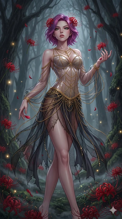 score_9, masterpiece, best quality, ultra-detailed, High-budget Anime Keyframe, East Asian woman. Low angle cowboy shot filling the entire 9:16 frame with her statuesque presence. Scenario 115: Dancing amidst falling red spider lilies in a misty dark