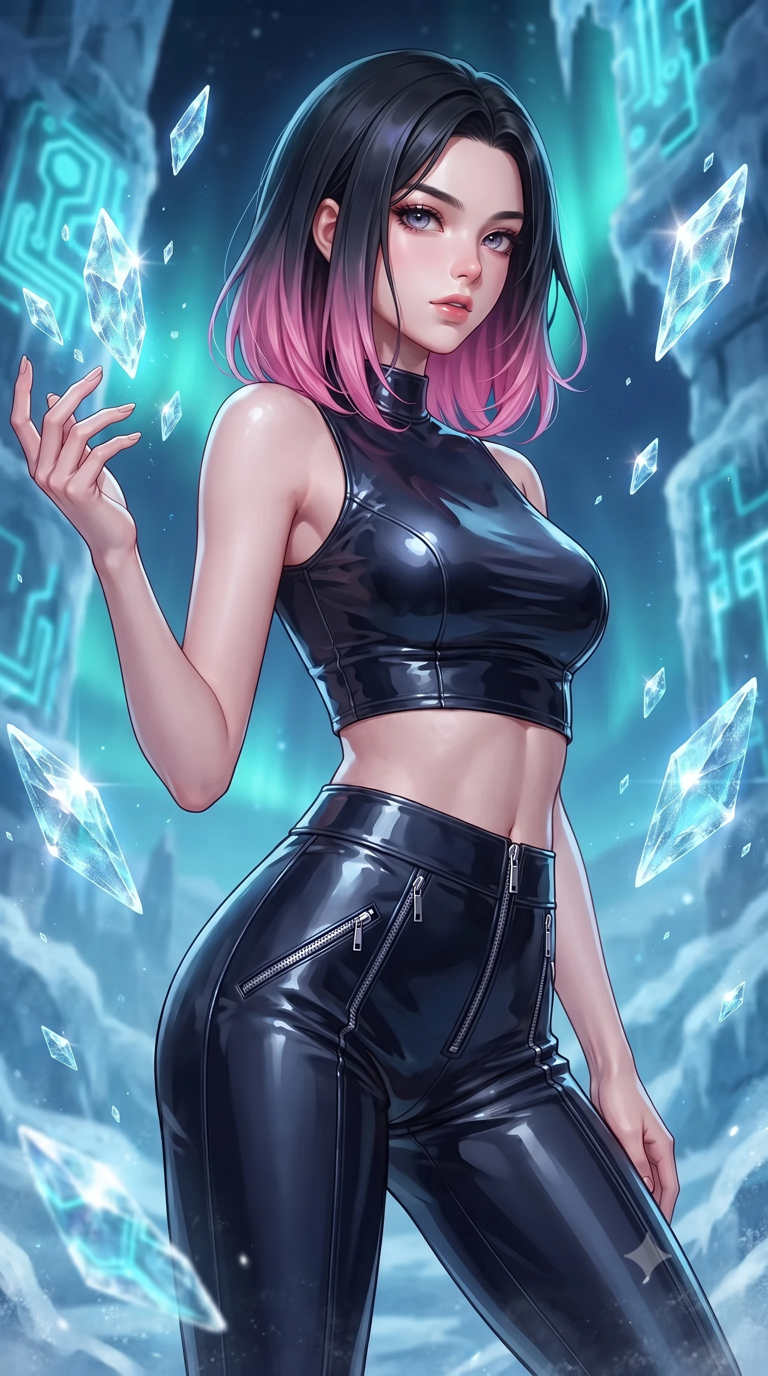 score_9, masterpiece, best quality, ultra-detailed, high-budget anime keyframe, editorial fashion photography, tasteful artistic composition, Korean woman. close-up cowboy shot from the waist and thighs up, the character dominates the composition, filling the frame with her large presence, background elements kept in soft focus. Gazing past the camera with an air of effortless elegance and mysterious confidence interacting with floating ice shards refracting glowing cyan neon circuitry, shimmering ice crystals and frost reflecting vivid polar aurora colors. She has an exceptionally elegant, slender, and willowy female figure with an ultra-slim waist, a gracefully sculpted slender torso, and a refined silhouette. sharp v-shaped jawline, high-bridge nose, intricate jewel-like eyes with depth, thick eyelashes, glossy lips with a natural sheen. wearing a glossy vinyl crop top and high-waist tailored leggings with sleek metallic zippers, the sleek second-skin texture accentuating her magnetic presence. surrounded by a crisp, high-contrast glow with ultra-bright specular highlights. highly saturated vibrant anime colors, detailed shading with soft gradients, rich glossy textures, high-contrast stereoscopic depth, volumetric dynamic lighting, master piece, 9:16 ratio