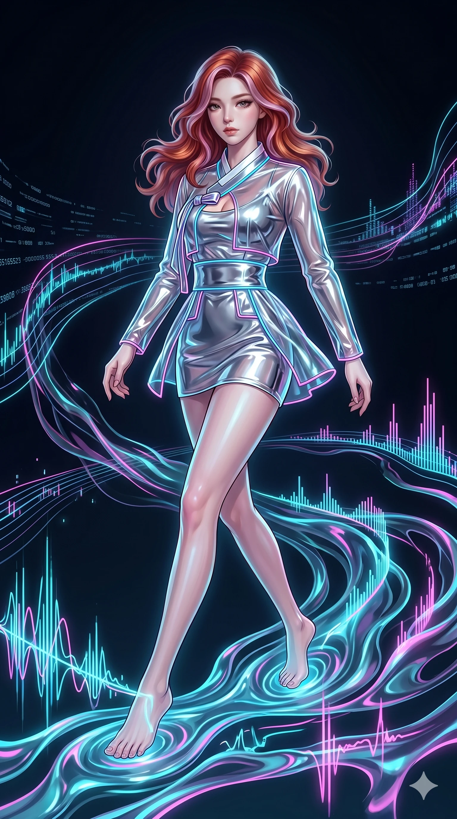 score_9, masterpiece, best quality, ultra-detailed, high-budget anime keyframe, Korean woman. upper body close-up from the thighs up, character filling the screen for maximum presence. stepping on holographic fluid ribbons of sound that ripple with cyan and magenta light in a dark virtual void. She has an absolutely perfect 8-heads proportion, an exceptionally tall and slender female figure with impossibly long slender legs and an ultra-slim waist. V-shaped jawline, high-bridge nose, intricate jewel-like eyes with depth, thick eyelashes, glossy lips with a natural sheen.. wearing a vinyl liquid mercury fusion hanbok, featuring a translucent chrome-silver vinyl jeogori and high-waist micro-shorts, detailed with glowing neon wire trims and a tasteful chest slit. lit by a soft glowing ambient light and a sharp side key light that traces the sleek contours of her athletic build. 2k, ultra detail, master piece, 9:16 ratio