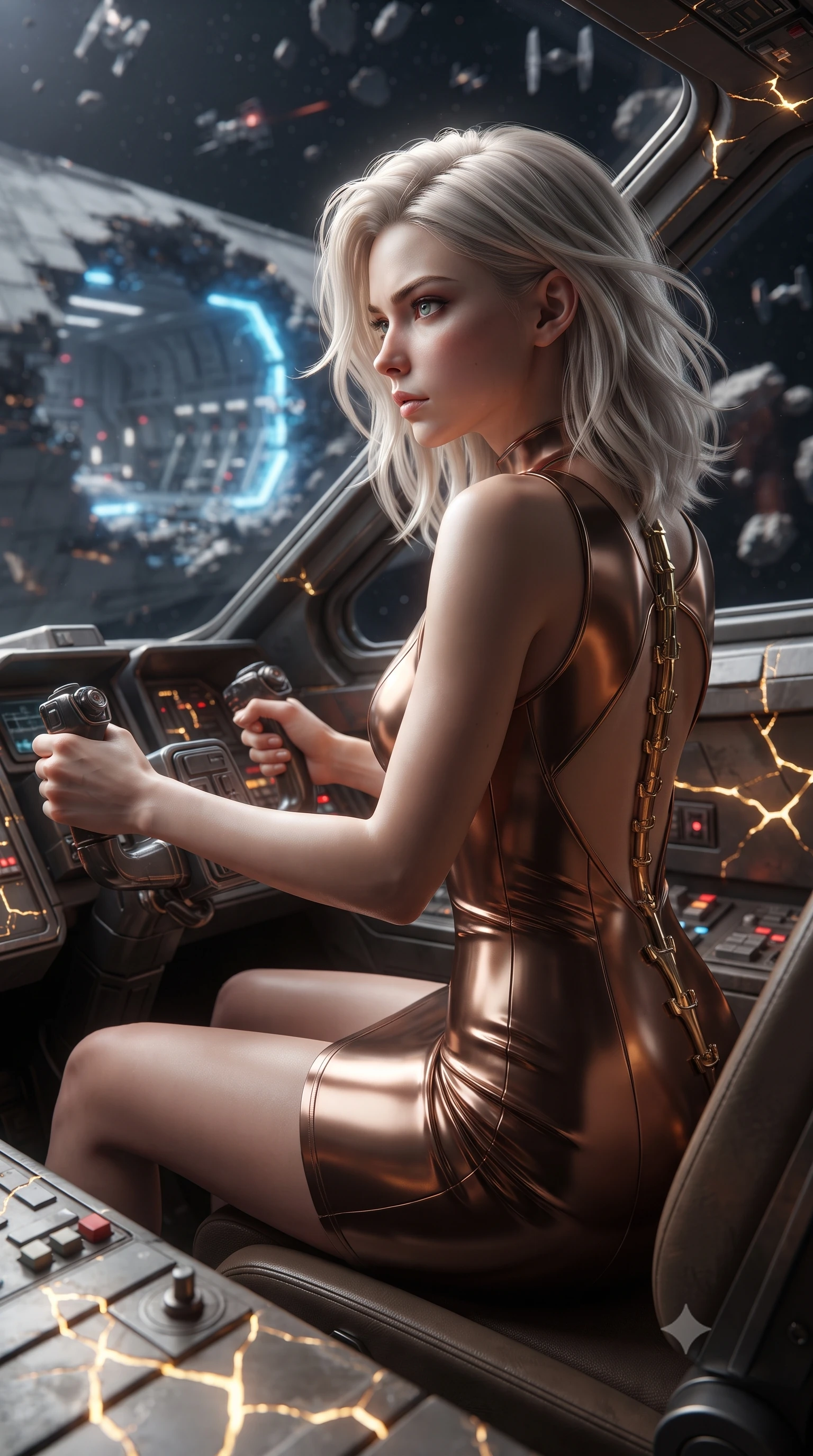 score_9, masterpiece, best quality, ultra-detailed, high-budget anime keyframe, editorial fashion photography, tasteful artistic composition, realistic cosplay photography, Caucasian woman, strictly human ears. close-up cowboy shot from the waist and thighs up, the character dominates the composition, filling the frame with her large presence, background elements kept in soft focus. Piloting a starfighter through a tight asteroid gap, hands tight on the flight yoke, looking sharply left. set against a soft-focus background of a capital ship hangar bay during an attack, a breach in the hull exposing the hangar to space, emergency barriers glowing. She has an exceptionally elegant and slender, willowy female figure with an ultra-slim waist, a gracefully sculpted slender torso, and a refined slim physique. sharp v-shaped jawline, high-bridge nose, intricate jewel-like eyes with depth, thick eyelashes, glossy lips with a natural sheen. wearing tailored for maximum mobility, sleek form-contouring panels that allow fluid movement, a form-contouring deep-V bodycon mini dress in shifting liquid bronze, featuring a dramatic open back and gold spine hardware. glowing kintsugi gold light radiating from cracks in the environment creating a majestic inner glow. ultra-reflective glossy finish, specular highlights, metallic sheen, high-contrast stereoscopic depth, volumetric dynamic lighting, 2k, ultra detail, master piece, 9:16 ratio