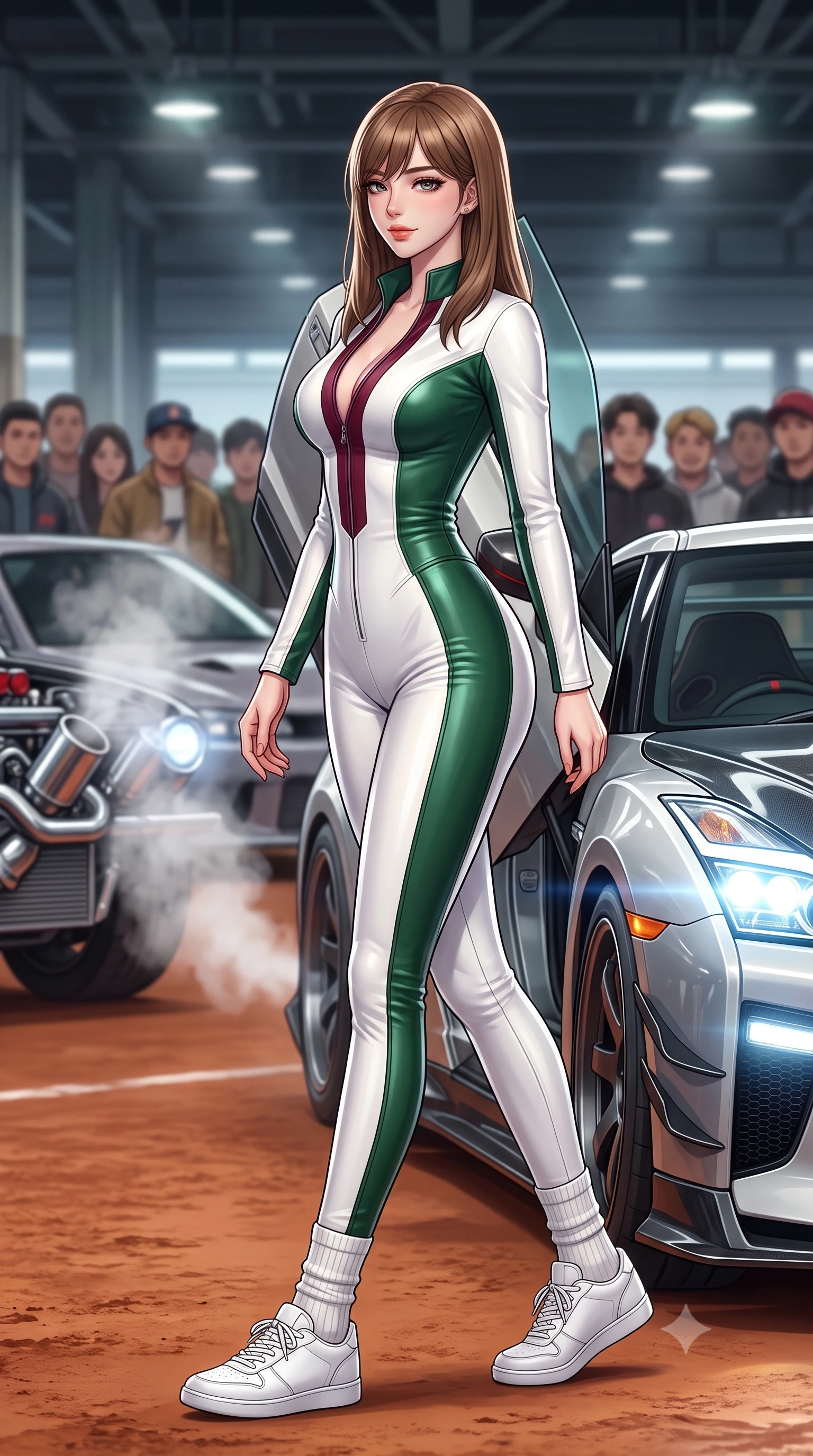 score_9, masterpiece, best quality, ultra-detailed, high-budget anime keyframe, semi-realistic 3D game render, editorial fashion photography, tasteful artistic composition, Korean woman. low angle full-body shot from head to toe showing her feet, filling the entire 9:16 vertical frame with her statuesque presence, stretching her vertical silhouette. walking slowly along the clay court baseline, looking back over her shoulder with an air of effortless grace and an alluring, smoldering smile while leaning against the scissor door of a customized supercar with hips cocked back, looking into the lens with an intoxicating, confident smirk. The background shows a soft-focus steaming exhausts and crowds of car enthusiasts softened in iconic Japanese car-culture shallow focus. She has an absolutely perfect, statuesque 8.5-heads proportion, an exceptionally tall and slender model-like female figure with impossibly long slender legs, an ultra-slim waist, a flat toned midriff, narrow delicate ribcage, and beautifully sculpted feminine hips creating a graceful, slim hourglass silhouette without any bulky heaviness. sharp v-shaped jawline, high-bridge nose, sparkling eyes with athletic focus and depth, thick curled eyelashes, glossy parted lips with a natural coral-peach sheen, bright confident and coquettish smile with alluring bedroom-eyes, exuding both youthful sporty vigor and sovereign high-society glamour, flawlessly proportioned anatomical accuracy, strict slender model proportions, natural body alignment, perfectly sculpted long slender limbs, ultra-slim waistline, clean dynamic posture without body distortion. wearing an ultra-tight form-contouring racing leather catsuit in two-tone white and British racing green with a deep-plunging zip neck in rich burgundy wine and crisp court white, tailored from crisp cotton poplin with clean aerodynamic structural lines, complemented by ribbed knit crew socks and clean white designer court sneakers, the high-waisted wrap tailoring accentuating her ultra-slim waistline and the enchanting curve of her feminine hips with alluring sporty charm. illuminated by high-beam headlight flares and sharp chrome rim lights sculpting her razor-sharp jawline, narrow waist, and curvy hips. highly saturated vibrant anime colors, detailed shading with soft gradients, rich glossy textures, high-contrast stereoscopic depth, volumetric dynamic lighting, master piece, 9:16 ratio