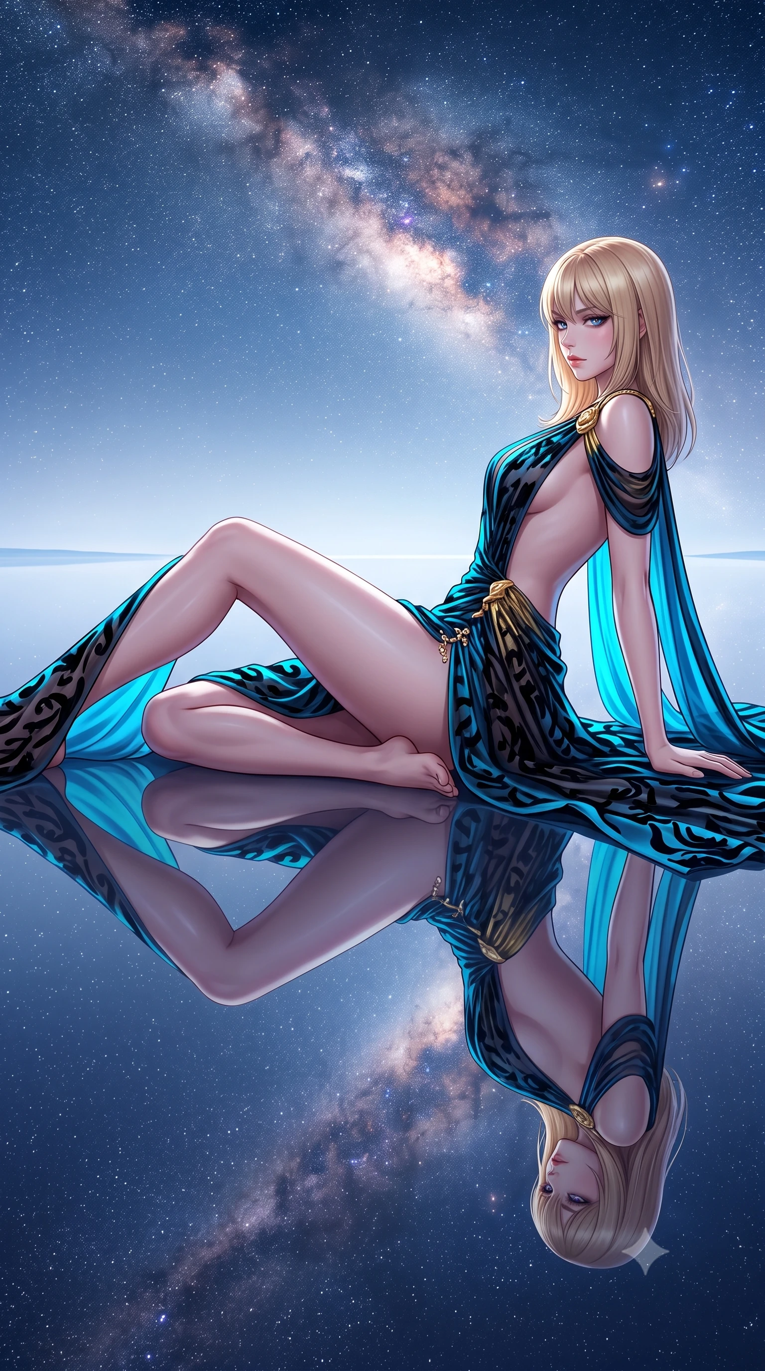 score_9, masterpiece, best quality, ultra-detailed, high-budget anime keyframe, semi-realistic 3D game render, editorial fashion photography, tasteful artistic composition, Japanese woman. low angle full-body shot from head to toe showing her feet, filling the entire 9:16 vertical frame with her statuesque presence, stretching her vertical silhouette. reclining on her side in an elegant Cleopatra pose with one knee drawn up, the dramatic contour of her rounded hips and long slender legs commanding the 9:16 vertical frame while standing in paper-thin water on the infinite salt flat, arching her back as the entire Milky Way galaxy reflects flawlessly beneath her feet like a celestial mirror. The surrounding environment is rendered in vivid detail and crisp panoramic clarity. detailed flowing fabric movement, celestial specular glints on skin, and infinite horizon clarity in high resolution. She has an exceptionally tall and slender model-like 8.5-heads proportion, an ultra-slim waist, a flat toned midriff, narrow delicate ribcage, and beautifully sculpted feminine hips creating a graceful, slim hourglass silhouette without any bulky heaviness, with impossibly long slender legs. sharp v-shaped jawline, high-bridge nose, intricate jewel-like eyes with depth, thick eyelashes, glossy parted lips with a natural sheen, intensely captivating and seductive bedroom-eyes expression, flawlessly proportioned anatomical accuracy, strict slender model proportions, natural body alignment, perfectly sculpted long slender limbs, ultra-slim waistline, clean dynamic posture without body distortion. wearing a high-slit Grecian goddess draped gown with asymmetrical gold shoulder clasps and hip gathering in neon electric cyan and lacquer black, made of sheer contouring power-mesh with velvet flocking patterns, finished with an ultra-high side slit secured by miniature jeweled clasps, the dramatically scooped open back descending to the base of her spine, accentuating her razor-sharp statuesque lines and slim hourglass silhouette. illuminated by soft ambient celestial rim lighting sharply sculpting her razor-sharp jawline, narrow waist, and curvy hips. highly saturated vibrant anime colors, detailed shading with soft gradients, rich glossy textures, high-contrast stereoscopic depth, volumetric dynamic lighting, master piece, 9:16 ratio