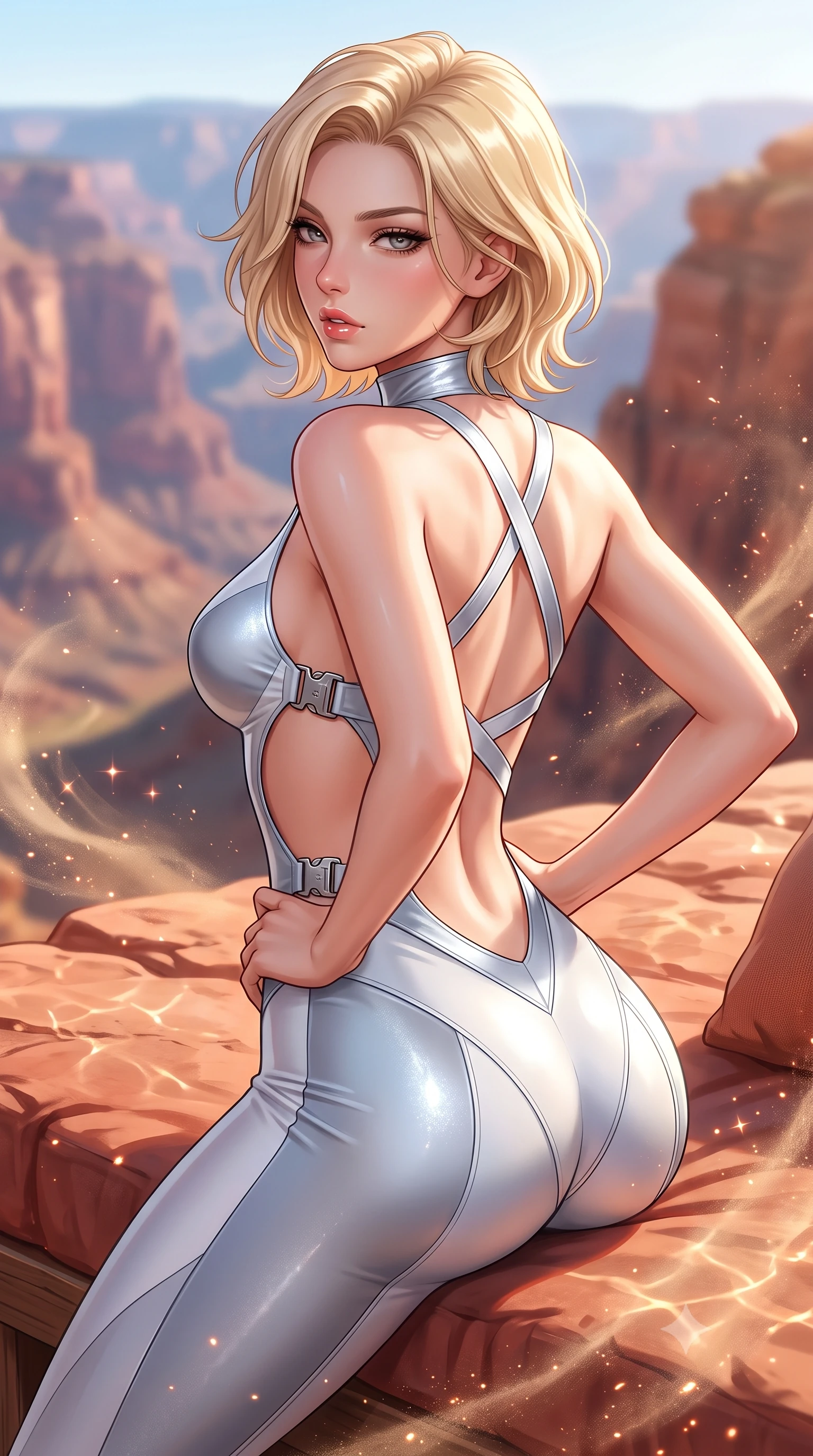 score_9, masterpiece, best quality, ultra-detailed, high-budget anime keyframe, semi-realistic 3D game render, editorial fashion photography, tasteful artistic composition, Caucasian woman. close-up cowboy shot from the waist and thighs up, the character dominates the composition, filling the frame with her large presence. posing in an alluring rear three-quarter angle, arching her lower back in a pronounced S-curve with one hand on her hip, glancing seductively over her bare shoulder with parted glossy lips while reclining on a sun-warmed red rock terrace daybed propped on one elbow, arching her lower back to accentuate her curvy hips against the canyon panorama. The composition keeps background elements in soft focus with creamy bokeh. swirling desert dust particles and sunset pool water caustics scattering radiant copper sparkles. She has an exceptionally elegant, slender, and willowy female figure with an ultra-slim waist, flat toned midriff, narrow ribcage, and sculpted feminine hips creating an alluring, slim hourglass silhouette without bulk. sharp v-shaped jawline, high-bridge nose, intricate jewel-like eyes with depth, thick eyelashes, glossy parted lips with a natural sheen, intensely captivating and seductive bedroom-eyes expression, flawlessly proportioned anatomical accuracy, strict slender model proportions, natural body alignment, perfectly sculpted long slender limbs, ultra-slim waistline, clean dynamic posture without body distortion. wearing a high-collar speedsuit featuring bold side-torso cutouts and quick-release titanium buckles in liquid starlight silver and arctic glacier white, tailored from liquid silk jersey adhering flawlessly to her slender build, finished with criss-cross back satin straps highlighting her graceful shoulder blades, the liquid-tight tailored fabric clinging flawlessly to her narrow waist and rounded feminine hips, emphasizing every millimeter of her sculpted slim hourglass curves without any bulky heaviness. surrounded by an earthy, sacred, and deeply sensual desert goddess aura. highly saturated vibrant anime colors, detailed shading with soft gradients, rich glossy textures, high-contrast stereoscopic depth, volumetric dynamic lighting, master piece, 9:16 ratio