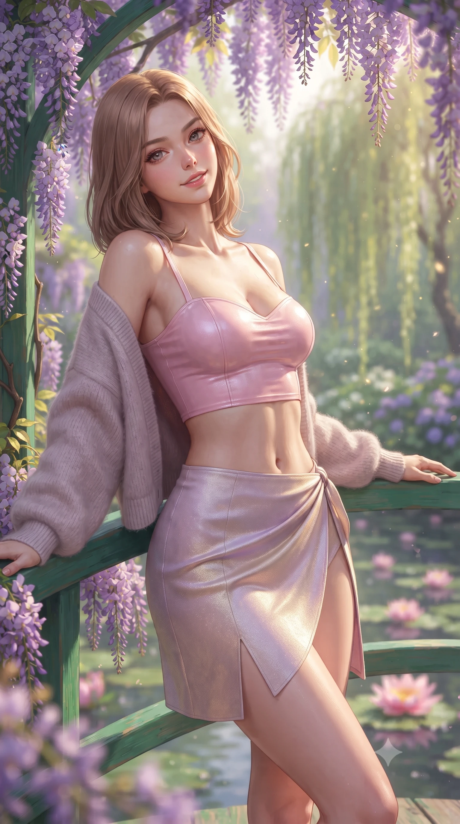 score_9, masterpiece, best quality, ultra-detailed, high-budget anime keyframe, editorial fashion photography, tasteful artistic composition, Korean woman. close-up cowboy shot from the waist and thighs up, the character dominates the composition, filling the frame with her large presence. leaning back against the sunlit railing with relaxed seductive grace, her flat midriff and narrow waist highlighted as she smiles brightly with bewitching eyes while pausing gracefully at the center of the iconic green arched wooden bridge draped in wisteria, arching her back with an enchanting, bright cute smile. The composition keeps background elements in soft focus with dreamy creamy bokeh. blooming purple wisteria clusters, weeping willows, and floating pink water lilies blurred into emerald, violet, and shimmering gold bokeh. She has an exceptionally elegant, slender, and willowy female figure with an ultra-slim waist, flat toned midriff, narrow ribcage, and sculpted feminine hips creating an alluring, slim hourglass silhouette without bulk. sharp v-shaped jawline, high-bridge nose, intricate jewel-like sparkling eyes with depth, thick eyelashes, glossy parted lips with a natural peach sheen, bright cheerful beaming smile with an enchanting and coquettish sensual glint, exuding both youthful cute charm and seductive allure, flawlessly proportioned anatomical accuracy, strict slender model proportions, natural body alignment, perfectly sculpted long slender limbs, ultra-slim waistline, clean dynamic posture without body distortion. wearing a sweetheart-neckline baby-pink crop top with a high-slit wrap mini skirt accentuating her waist-to-hip curve in soft lilac and champagne shimmer, crafted from liquid-tight stretch jersey emphasizing every curve, complemented by an oversized soft knit cardigan slipping off one bare shoulder, the glove-like silhouette tightly following the natural contour of her hips and long slender legs with youthful 8.5-heads elegance. bathed in soft, radiant morning French sunshine filtering through wisteria blossoms. ultra-reflective glossy finish, specular highlights, rich textural contrasts, high-contrast stereoscopic depth, volumetric dynamic lighting, 2k, ultra detail, master piece, 9:16 ratio
