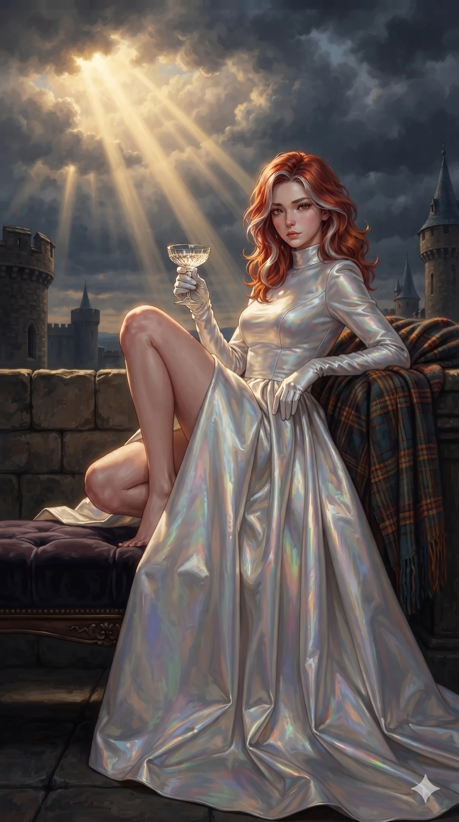 score_9, masterpiece, best quality, ultra-detailed, high-budget anime keyframe, editorial fashion photography, tasteful artistic composition, Caucasian woman. close-up cowboy shot from the waist and thighs up, the character dominates the composition, filling the frame with her large presence. perched sideways on the lounge seat, one knee drawn up to showcase her slender leg line while her arched back accentuates her feminine hip curve while reclining against a tartan-draped stone bench on the castle parapet, her slender waist and feminine curves highlighted by dramatic highland light. The surrounding environment is rendered in vivid detail and crisp panoramic clarity: detailed bespoke double-faced cashmere tailoring, rich textural contrasts, and monumental fortress architecture in razor-sharp precision. She has an exceptionally elegant, slender, and willowy female figure with an ultra-slim waist, flat toned midriff, narrow ribcage, and sculpted feminine hips creating an alluring, slim hourglass silhouette without bulk. sharp v-shaped jawline, high-bridge nose, intricate jewel-like eyes with depth, thick eyelashes, glossy parted lips with a natural sheen, intensely captivating and seductive bedroom-eyes expression, flawlessly proportioned anatomical accuracy, strict slender model proportions, natural body alignment, perfectly sculpted long slender limbs, ultra-slim waistline, clean dynamic posture without body distortion. wearing a high-neck long-sleeve evening gown in structured silk mikado with a regal floor-sweeping A-line skirt in iridescent mother-of-pearl and liquid molten silver, tailored from heavy Italian silk mikado with an architectural structured drape, accessorized with opera-length satin gloves and a vintage crystal glass, the impeccably tailored cut draping gracefully along her slender figure with aristocratic poise. dramatic golden sunbeam shafts piercing storm clouds and casting high-contrast specular rim lights across her silhouette. ultra-reflective glossy finish, specular highlights, rich textural contrasts, high-contrast stereoscopic depth, volumetric dynamic lighting, 2k, ultra detail, master piece, 9:16 ratio