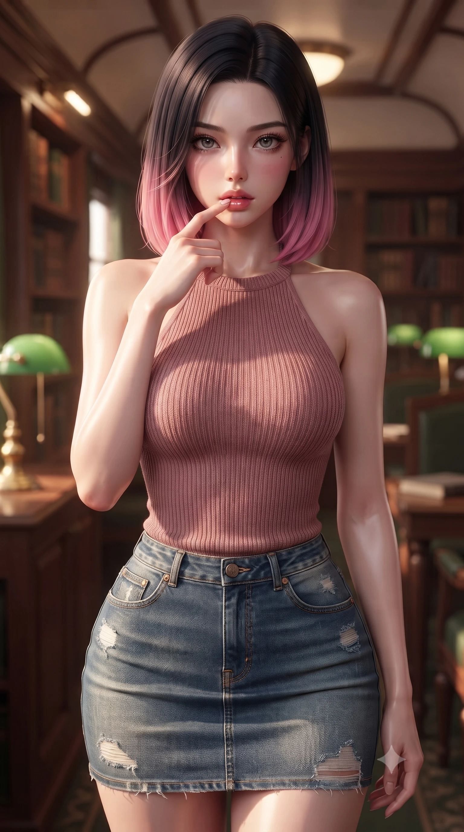 score_9, masterpiece, best quality, ultra-detailed, high-budget anime keyframe, editorial fashion photography, tasteful artistic composition, Korean woman. close-up cowboy shot from the waist and thighs up, the character dominates the composition, filling the frame with her large presence, background elements kept in soft focus. pressing one finger to her bottom lip in a thoughtful, seductive gesture under the warm sun the background shows a soft-focus the library car of an exclusive rail liner with wood-lined shelves and green lamps. She has an exceptionally elegant, slender, and willowy female figure with an ultra-slim waist, a gracefully sculpted slender torso, and a refined silhouette. sharp v-shaped jawline, high-bridge nose, intricate jewel-like eyes with depth, thick eyelashes, glossy lips with a natural sheen. wearing a form-contouring form-fitting ribbed knit halter top in dusty rose, paired with a tight-fitting denim skirt. soft warm glow from the reading lamps creating a quiet and meditative mood. ultra-reflective glossy finish, specular highlights, metallic sheen, high-contrast stereoscopic depth, volumetric dynamic lighting, 2k, ultra detail, master piece, 9:16 ratio
