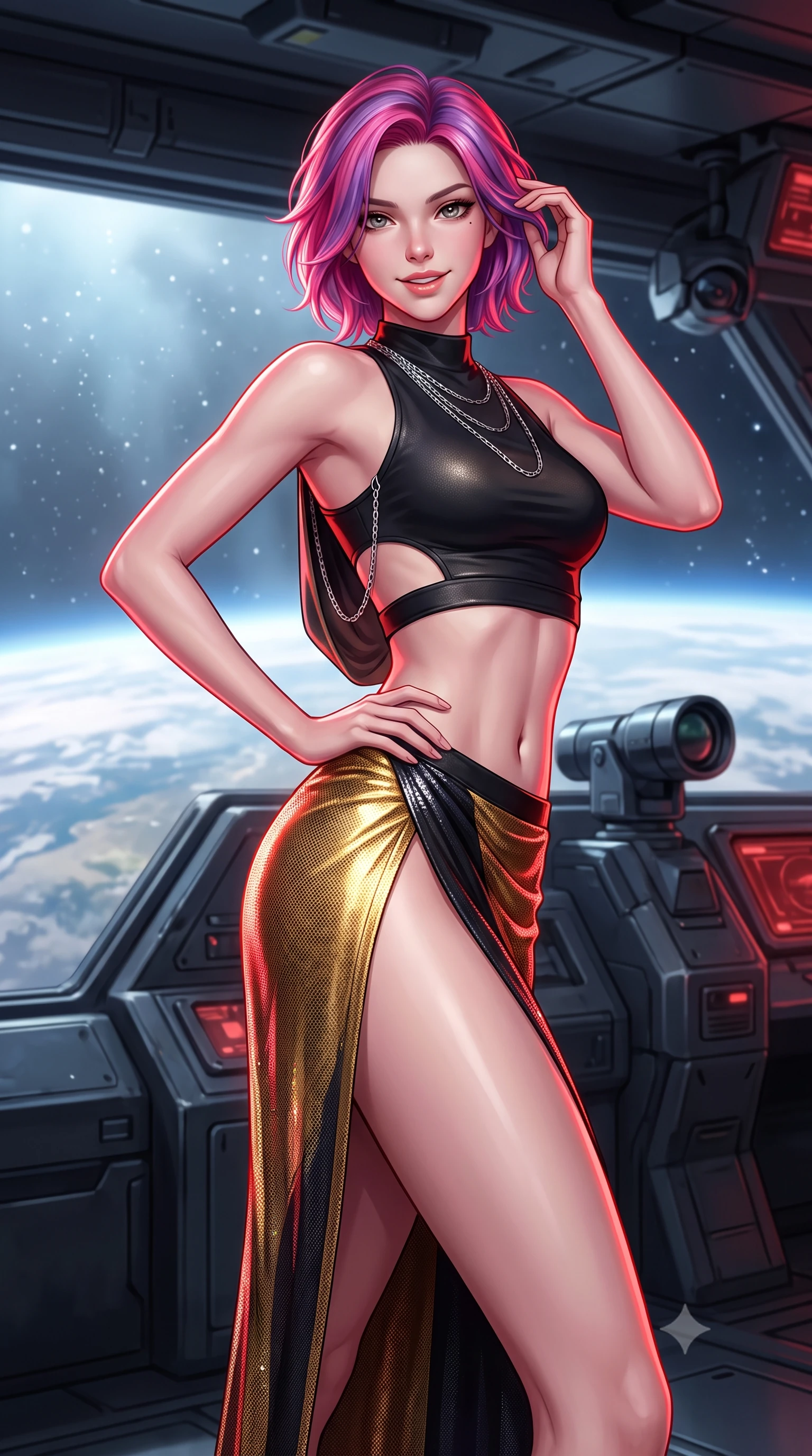 score_9, masterpiece, best quality, ultra-detailed, high-budget anime keyframe, semi-realistic 3D game render, editorial fashion photography, tasteful artistic composition, Caucasian woman. close-up cowboy shot from the waist and thighs up, the character dominates the composition, filling the frame with her large presence. twisting her slender torso in an alluring contrapposto stance, one hand resting on her sculpted hip while her fingers toy with her hair with effortless poise while standing poised on the heavy armored gun deck overlooking banks of targeting periscopes, arching her spine with breathtaking anime heroine allure as blast shutters open to the planet below. The background shows a soft-focus cool atmospheric particulate haze softened in orbital warship battery bridge shallow focus. She has an exceptionally elegant, slender, and willowy female figure with an ultra-slim waist, flat toned midriff, narrow ribcage, and sculpted feminine hips creating an alluring, slim hourglass silhouette without bulk. sharp v-shaped jawline, high-bridge nose, intricate jewel-like sparkling eyes with depth, thick eyelashes, glossy parted lips with a natural peach sheen, bright cheerful beaming smile with an enchanting and coquettish sensual glint, exuding both youthful cute charm and seductive allure, flawlessly proportioned anatomical accuracy, strict slender model proportions, natural body alignment, perfectly sculpted long slender limbs, ultra-slim waistline, clean dynamic posture without body distortion. wearing an alluring tactical crop top with asymmetrical side-rib cutouts and high-neck collar paired with a high-slit wrap skirt in solar-wind gold and deep space void black, crafted from stretch micro-mesh with liquid foil coating that shimmers with every movement, accented with an open-back drape framed by falling strands of delicate chrome chains, the glove-like clinging cut tightly following the natural contour of her hips and long slender legs with youthful 8.5-heads elegance. illuminated by gun deck reflection bounce and sharp ruby-red rim lights defining her jawline, narrow waist, and curvy hips. highly saturated vibrant anime colors, detailed shading with soft gradients, rich glossy textures, high-contrast stereoscopic depth, volumetric dynamic lighting, master piece, 9:16 ratio