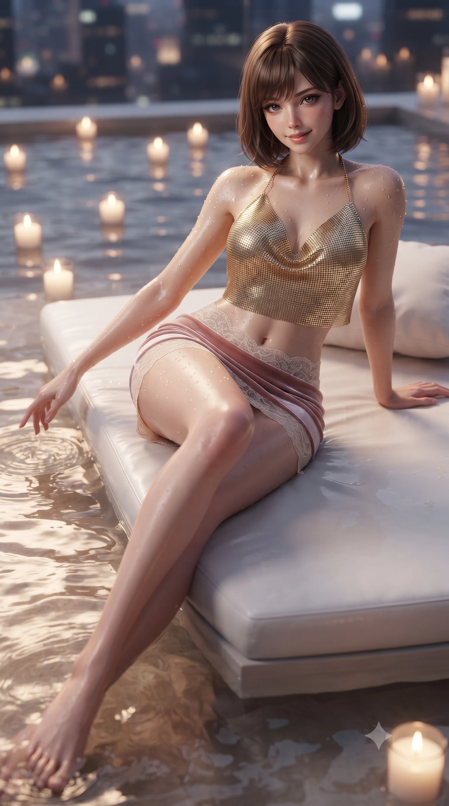 score_9, masterpiece, best quality, ultra-detailed, high-budget anime keyframe, editorial fashion photography, tasteful artistic composition, Caucasian woman. low angle full-body shot from head to toe showing her feet, filling the entire 9:16 vertical frame with her statuesque presence, stretching her vertical silhouette. stepping slowly toward the camera with hypnotic grace, hips swaying in an alluring sensual rhythm that accentuates her curvy hourglass silhouette and long slender legs while lounging languidly on a floating white daybed with legs crossed, one hand trailing in the warm water while casting an intoxicating bedroom-gaze toward the camera. The background shows a soft-focus floating votive candles and gentle water ripples softened in sultry midnight penthouse shallow focus. She has an absolutely perfect, statuesque 8.5-heads proportion, an exceptionally tall and slender model-like female figure with impossibly long slender legs, an ultra-slim waist, a flat toned midriff, narrow delicate ribcage, and beautifully sculpted feminine hips creating a graceful, slim hourglass silhouette without any bulky heaviness. sharp v-shaped jawline, high-bridge nose, sparkling eyes with hypnotic seductive depth, thick curled eyelashes, glossy parted lips with a natural dewy peach sheen, alluring bedroom-eyes with an enchanting coquettish smile, exuding magnetic siren charisma and sophisticated high-fashion glamour, flawlessly proportioned anatomical accuracy, strict slender model proportions, natural body alignment, perfectly sculpted long slender limbs, ultra-slim waistline, clean dynamic posture without body distortion. wearing a liquid gold chainmail halter cowl top paired with an ultra-low-rise velvet mini skirt in dusky blush pink and warm ivory lace, woven from stretch metallic lurex jersey casting radiant starlight glints across her silhouette, finished with glistening drops of pool water beading across her sculpted shoulders and collarbones, the liquid-tight tailored fabric clinging flawlessly to her narrow waist and rounded feminine hips, emphasizing every millimeter of her sculpted slim hourglass curves without any bulky heaviness. illuminated by city skyline specular reflections and sharp platinum rim lights accentuating her razor-sharp jawline, narrow waist, and curvy hips. ultra-reflective glossy finish, specular highlights, rich textural contrasts, high-contrast stereoscopic depth, volumetric dynamic lighting, 2k, ultra detail, master piece, 9:16 ratio