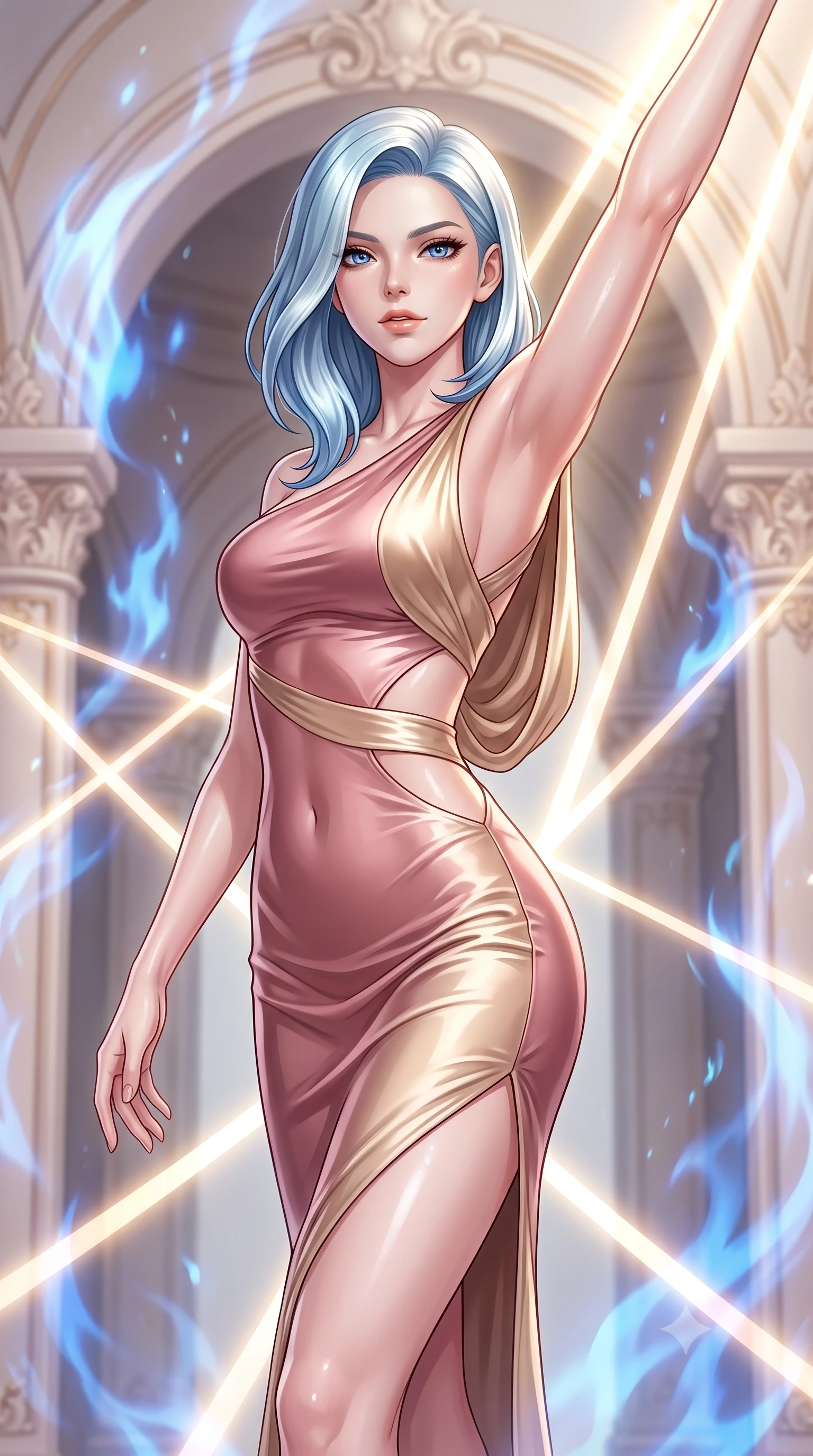 score_9, masterpiece, best quality, ultra-detailed, high-budget anime keyframe, editorial fashion photography, tasteful artistic composition, Korean woman. close-up cowboy shot from the waist and thighs up, the character dominates the composition, filling the frame with her large presence, background elements kept in soft focus. Extending one arm in an elegant stretch toward the light while smiling with magnetic self-assurance while stepping forward with proud posture as alchemy light beams illuminate her statuesque figure, soft sapphire alchemy flames dancing around bisque porcelain architectural arches. She has an exceptionally elegant, slender, and willowy female figure with an ultra-slim waist, a gracefully sculpted slender torso, and a refined silhouette. sharp v-shaped jawline, high-bridge nose, intricate jewel-like eyes with depth, thick eyelashes, glossy lips with a natural sheen, flawlessly proportioned anatomical accuracy, natural body alignment, perfectly sculpted elegant limbs, clean dynamic posture without body distortion. wearing a precision-fitted liquid jersey bodycon dress with a graceful draped back in dusty rose and champagne gold, crafted from lustrous satin jersey with fluid draping, featuring subtle geometric cutouts that highlight her ultra-slim midriff, the glove-like fit emphasizing her statuesque silhouette during motion. surrounded by a majestic inner radiance highlighting glossy white porcelain. highly saturated vibrant anime colors, detailed shading with soft gradients, rich glossy textures, high-contrast stereoscopic depth, volumetric dynamic lighting, master piece, 9:16 ratio