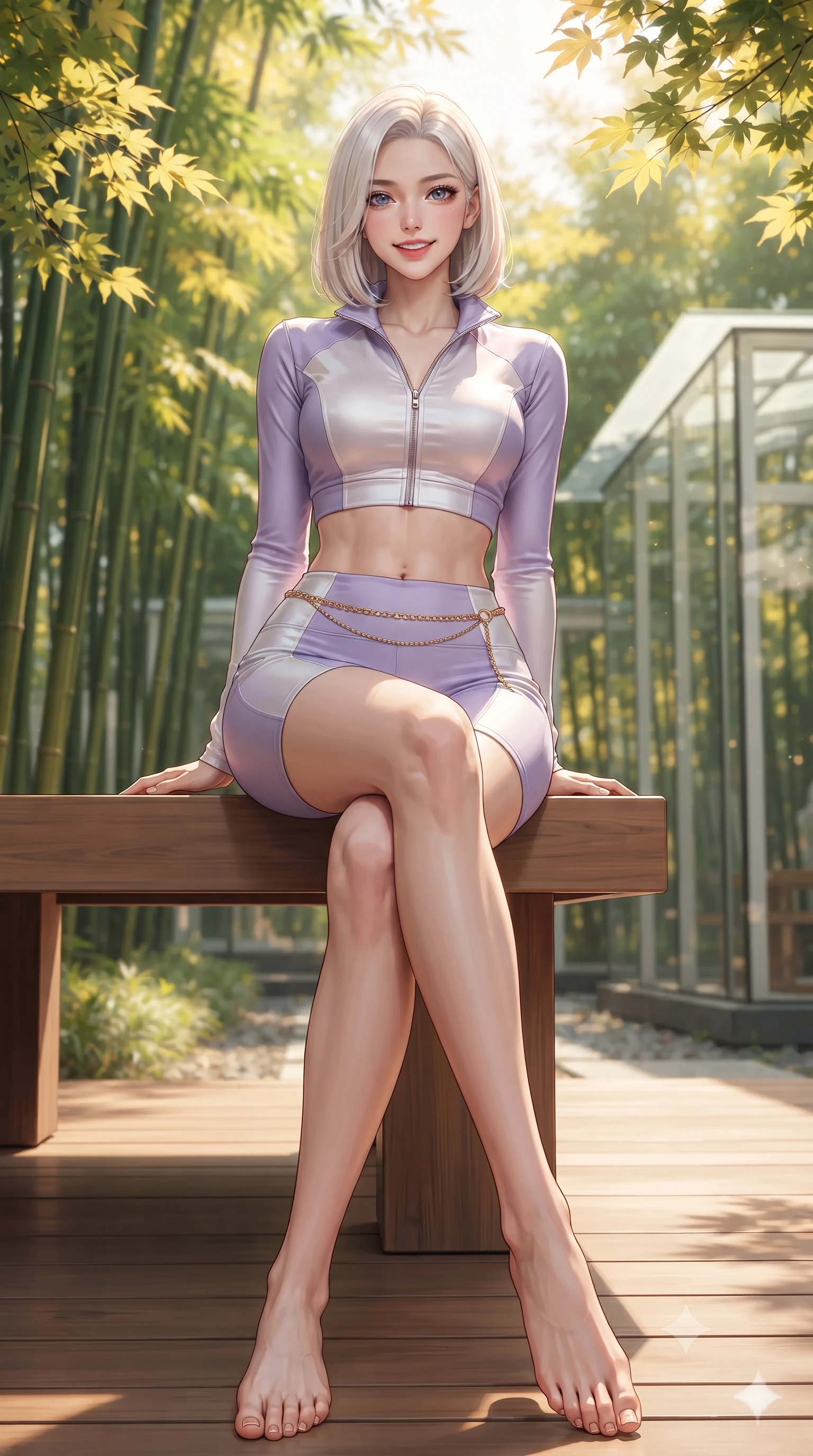 score_9, masterpiece, best quality, ultra-detailed, high-budget anime keyframe, editorial fashion photography, tasteful artistic composition, Korean woman. low angle full-body shot from head to toe showing her feet, filling the entire 9:16 vertical frame with her statuesque presence, stretching her vertical silhouette. sitting perched on the elevated edge with legs crossed and hips angled toward the camera, displaying her toned midriff and long slender limbs with a joyful, coquettish smile while sitting on a low-slung cedarwood bench surrounded by lush green bamboo, arching her lower back with a charming, intellectual cute smile. The composition keeps background elements in soft focus with dreamy creamy bokeh. lush bamboo groves, sunlit maple leaves, and contemporary glass architectural pavilions blurred into soft emerald, gold, and glass-white bokeh. She has an exceptionally tall and slender model-like 8.5-heads proportion, an ultra-slim waist, a flat toned midriff, narrow delicate ribcage, and beautifully sculpted feminine hips creating a graceful, slim hourglass silhouette without any bulky heaviness, with impossibly long slender legs. sharp v-shaped jawline, high-bridge nose, intricate jewel-like sparkling eyes with depth, thick eyelashes, glossy parted lips with a natural peach sheen, bright cheerful beaming smile with an enchanting and coquettish sensual glint, exuding both youthful cute charm and seductive allure, flawlessly proportioned anatomical accuracy, strict slender model proportions, natural body alignment, perfectly sculpted long slender limbs, ultra-slim waistline, clean dynamic posture without body distortion. wearing a sporty chic zip-up crop jacket paired with high-waisted biker shorts clinging to her athletic hips in delicate lavender violet and pearlescent white, crafted from liquid-tight stretch jersey emphasizing every curve, accented with a delicate gold chain belt resting loosely on her curvy hips, the form-fitting cut adhering flawlessly to her sculpted flat midriff and slender torso, emphasizing her long leg lines and perfectly proportioned willowy build. illuminated by warm wooden deck bounce light sculpting her razor-sharp jawline, narrow waist, and curvy hips. ultra-reflective glossy finish, specular highlights, rich textural contrasts, high-contrast stereoscopic depth, volumetric dynamic lighting, 2k, ultra detail, master piece, 9:16 ratio