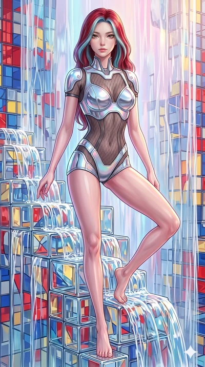 score_9, masterpiece, best quality, ultra-detailed, high-budget anime keyframe, Caucasian woman, strictly human ears. upper body close-up from the thighs up, character filling the screen for maximum presence. balancing on cubist glass blocks that cas