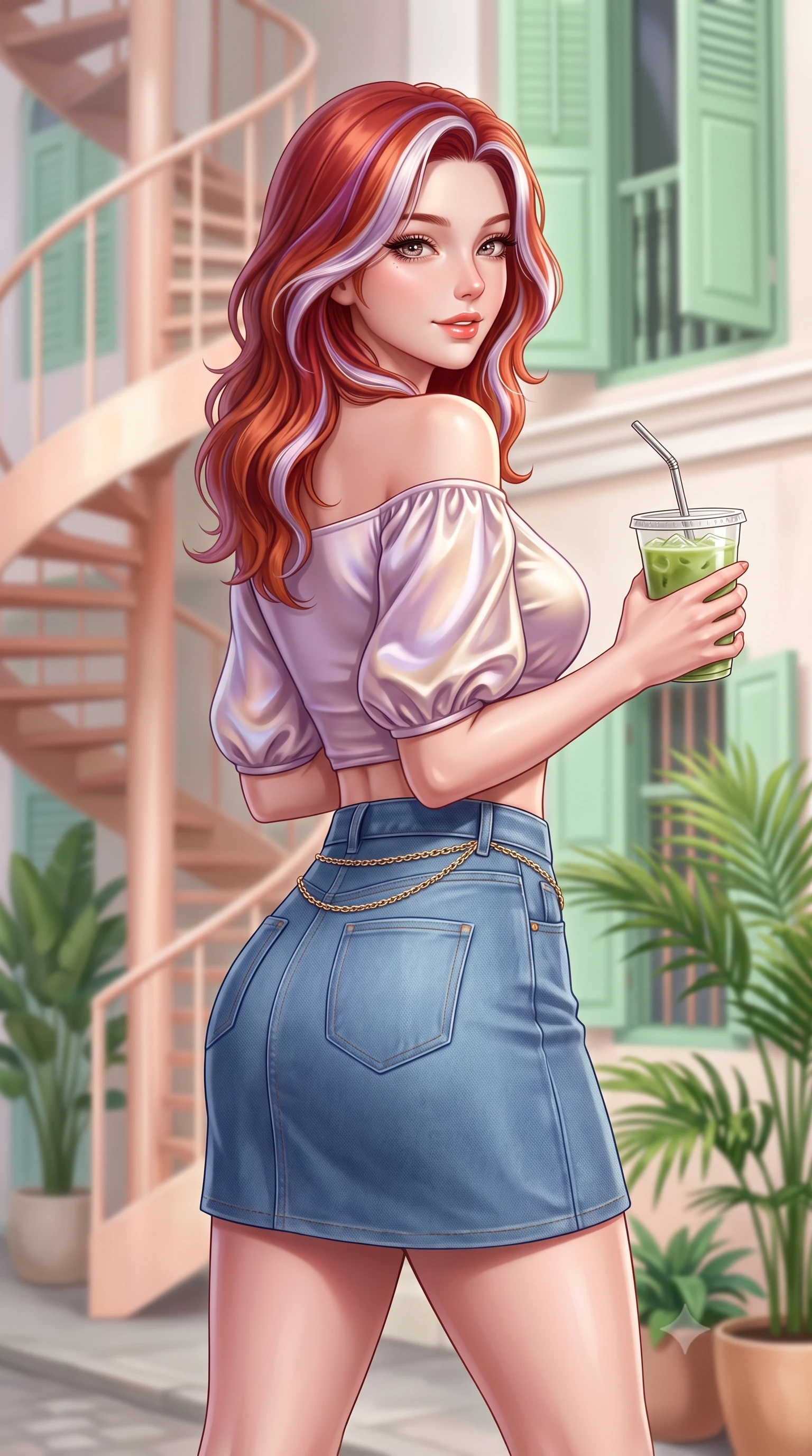 score_9, masterpiece, best quality, ultra-detailed, high-budget anime keyframe, semi-realistic 3D game render, editorial fashion photography, tasteful artistic composition, Caucasian woman. close-up cowboy shot from the waist and thighs up, the character dominates the composition, filling the frame with her large presence. posing in an alluring rear three-quarter angle, turning over a bare shoulder with an intoxicating cute smile, her hips cocked back to highlight her slim hourglass curve while walking down the quiet heritage street with an iced matcha latte in hand, her form-contouring casual chic outfit accentuating her narrow waist and rounded hips. The composition keeps background elements in soft focus with dreamy creamy bokeh. curved art deco spiral staircases, pastel green window shutters, and lush potted tropical foliage blurred into mint, coral, and cream bokeh. She has an exceptionally elegant, slender, and willowy female figure with an ultra-slim waist, flat toned midriff, narrow ribcage, and sculpted feminine hips creating an alluring, slim hourglass silhouette without bulk. sharp v-shaped jawline, high-bridge nose, intricate jewel-like sparkling eyes with depth, thick eyelashes, glossy parted lips with a natural peach sheen, bright cheerful beaming smile with an enchanting and coquettish sensual glint, exuding both youthful cute charm and seductive allure, flawlessly proportioned anatomical accuracy, strict slender model proportions, natural body alignment, perfectly sculpted long slender limbs, ultra-slim waistline, clean dynamic posture without body distortion. wearing an off-shoulder puff-sleeve crop blouse with a tight high-waisted denim A-line mini skirt emphasizing her curvy hips in soft lilac and champagne shimmer, made of smooth fluid silk satin with a delicate pearlescent sheen, accented with a delicate gold chain belt resting loosely on her curvy hips, the glove-like silhouette tightly following the natural contour of her hips and long slender legs with youthful 8.5-heads elegance. illuminated by soft wall bounce light sharply sculpting her razor-sharp jawline, narrow waist, and curvy hips. highly saturated vibrant anime colors, detailed shading with soft gradients, rich glossy textures, high-contrast stereoscopic depth, volumetric dynamic lighting, master piece, 9:16 ratio
