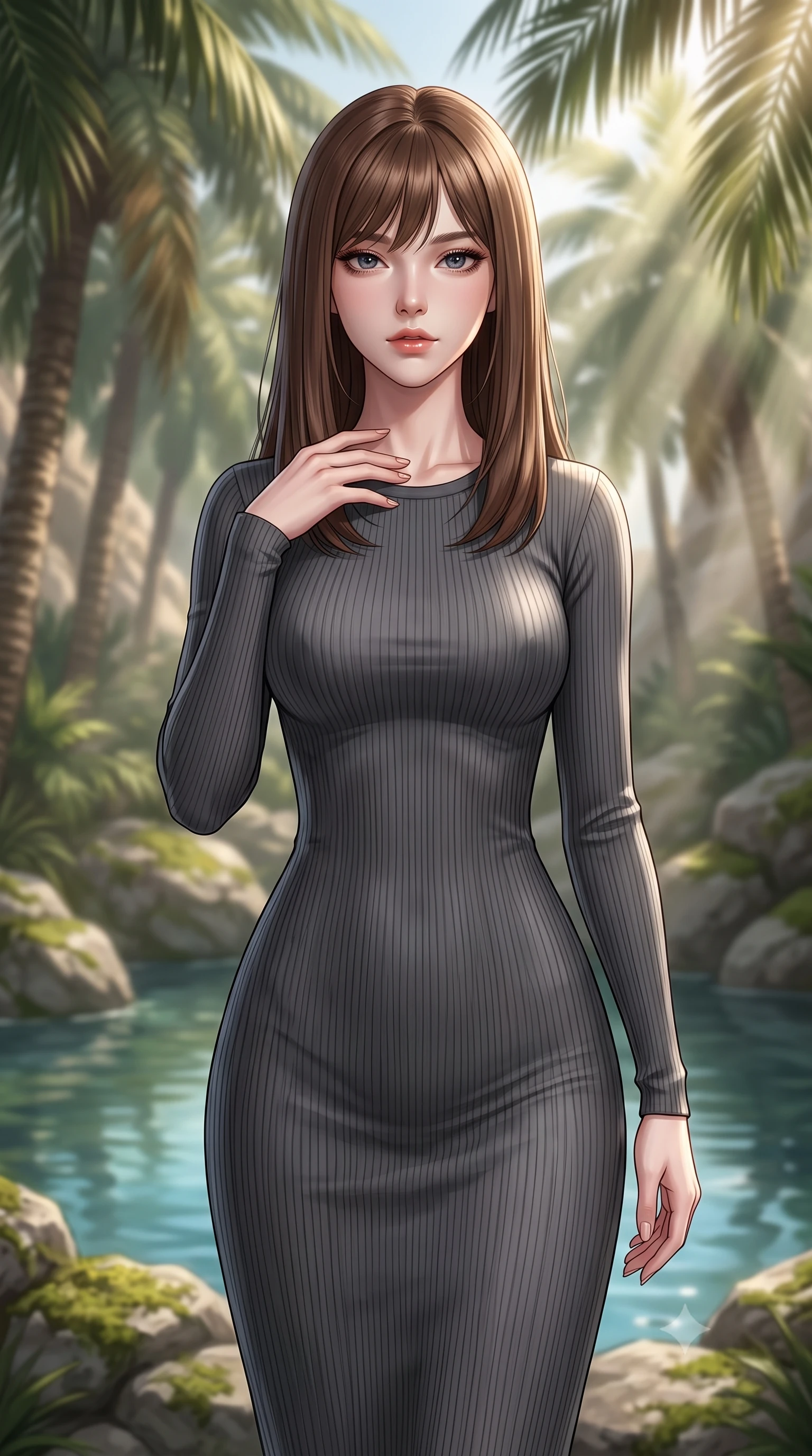 score_9, masterpiece, best quality, ultra-detailed, high-budget anime keyframe, editorial fashion photography, tasteful artistic composition, Korean woman. close-up cowboy shot from the waist and thighs up, the character dominates the composition, filling the frame with her large presence, background elements kept in soft focus. standing with one hand resting on her collarbone, looking at the viewer with bedroom-eyes the background shows a soft-focus a private desert oasis spring pool surrounded by tall palms and mossy rocks. She has an exceptionally elegant, slender, and willowy female figure with an ultra-slim waist, a gracefully sculpted slender torso, and a refined silhouette. sharp v-shaped jawline, high-bridge nose, intricate jewel-like eyes with depth, thick eyelashes, glossy lips with a natural sheen. wearing a body-hugging form-contouring ribbed bodycon midi dress in charcoal grey with long sleeves. sun rays slicing through the palm fronds, creating dramatic volumetric shafts of light. ultra-reflective glossy finish, specular highlights, metallic sheen, high-contrast stereoscopic depth, volumetric dynamic lighting, 2k, ultra detail, master piece, 9:16 ratio