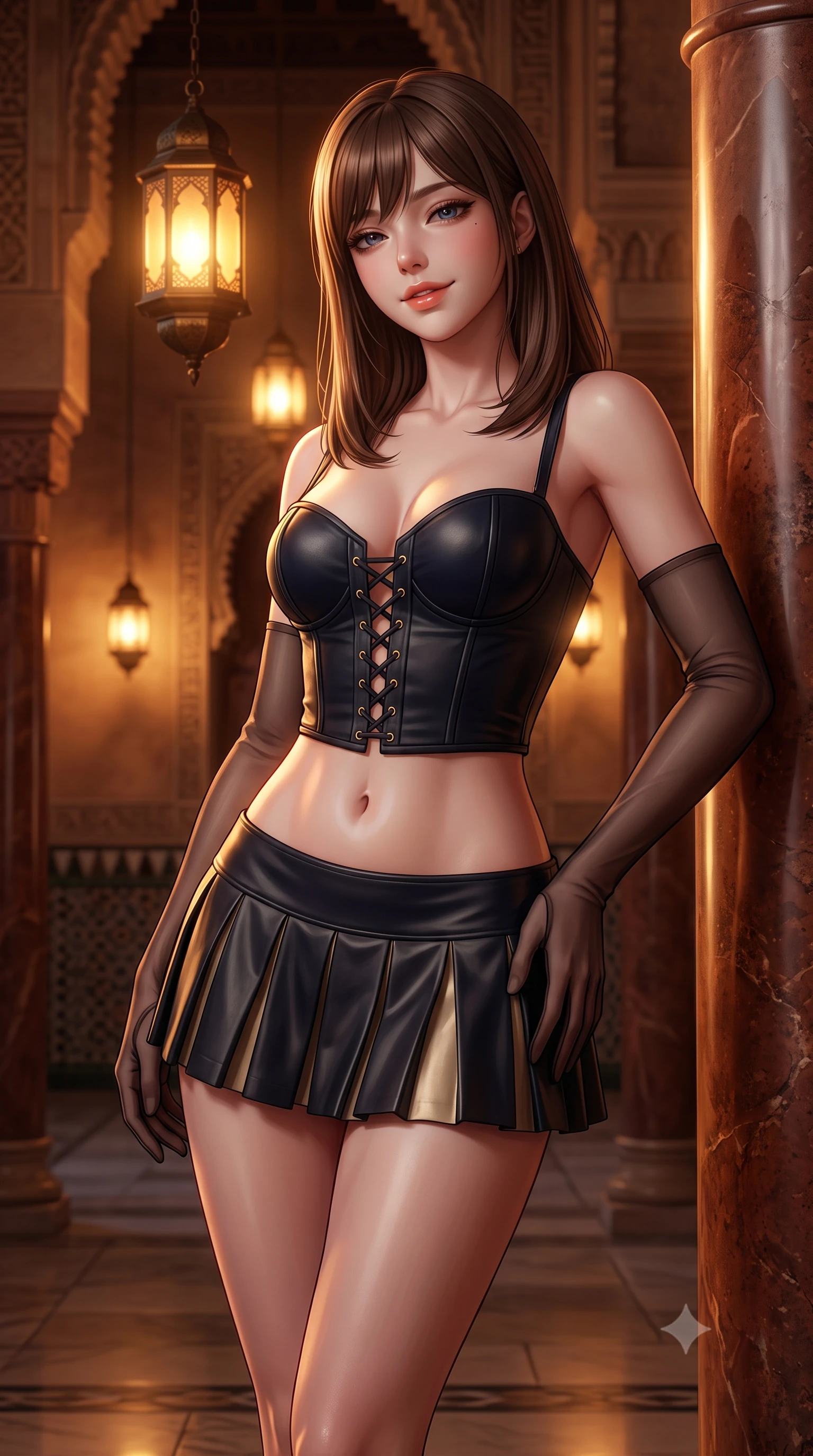 score_9, masterpiece, best quality, ultra-detailed, high-budget anime keyframe, semi-realistic 3D game render, editorial fashion photography, tasteful artistic composition, Korean woman. close-up cowboy shot from the waist and thighs up, the character dominates the composition, filling the frame with her large presence. tilting her head with a teasing half-smile, running one hand slowly down the side of her hip in a flirtatious S-curve as ambient light caresses her silhouette while leaning against a polished jasper column with hips cocked back, looking through the hypostyle vistas with heavy-lidded bedroom-eyes. The surrounding environment is rendered in vivid detail and crisp panoramic clarity: detailed outfit silhouette, fabric cling or tailoring, and world-heritage Moorish stonecraft in razor-sharp precision. She has an exceptionally elegant, slender, and willowy female figure with an ultra-slim waist, flat toned midriff, narrow ribcage, and sculpted feminine hips creating an alluring, slim hourglass silhouette without bulk. sharp v-shaped jawline, high-bridge nose, intricate jewel-like sparkling eyes with depth, thick eyelashes, glossy parted lips with a natural peach sheen, bright cheerful beaming smile with an enchanting and coquettish sensual glint, exuding both youthful cute charm and seductive allure, flawlessly proportioned anatomical accuracy, strict slender model proportions, natural body alignment, perfectly sculpted long slender limbs, ultra-slim waistline, clean dynamic posture without body distortion. wearing a structured Seville boned lace-up bustier top paired with an ultra-short low-rise pleated micro mini skirt in deep midnight obsidian black and champagne gold, woven from buttery-soft stretch lambskin leather adhering to her body like a second skin, complemented by sheer opera-length evening gloves tracing her slender arms, the second-skin tailored fabric adhering flawlessly to her sculpted flat midriff and slender torso, emphasizing her long leg lines and perfectly proportioned willowy build. bathed in the warm mystical 2300K amber glow of hanging bronze lantern lamps dimmed to an evening ceremony ambiance. highly saturated vibrant anime colors, detailed shading with soft gradients, rich glossy textures, high-contrast stereoscopic depth, volumetric dynamic lighting, master piece, 9:16 ratio