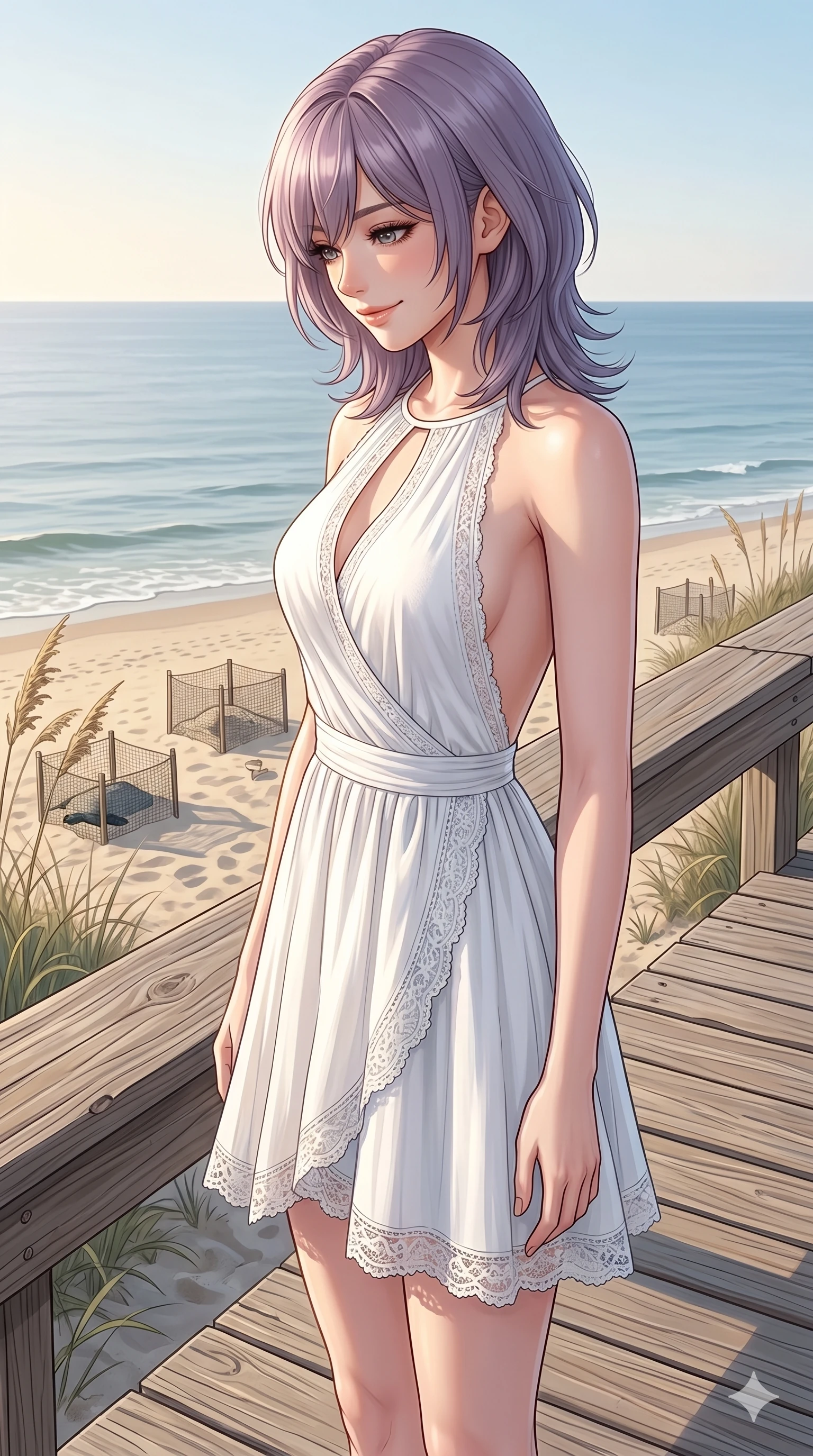 score_9, masterpiece, best quality, ultra-detailed, high-budget anime keyframe, editorial fashion photography, tasteful artistic composition, Japanese woman. cowboy shot from the thighs up, character and outfit filling the frame for maximum editorial presence. looking down with a gentle, warm smile, her expression full of compassion standing on a wooden walkway above a turtle nesting beach. She has an absolutely perfect 8-heads proportion, an exceptionally tall and slender female figure with impossibly long slender legs and an ultra-slim waist. V-shaped jawline, high-bridge nose, intricate jewel-like eyes with depth, thick eyelashes, glossy lips with a natural sheen. wearing a white cotton wrap dress with a tasteful keyhole cutout and bare back. drenched in morning sunlight casting a soft, clean glow over the boardwalk. 2k, ultra detail, master piece, 9:16 ratio