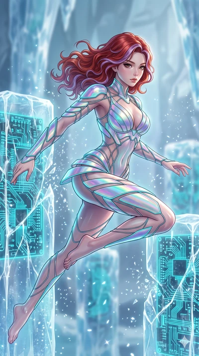 score_9, masterpiece, best quality, ultra-detailed, high-budget anime keyframe, Korean woman. upper body close-up from the thighs up, character filling the screen for maximum presence. leaping inside a sub-zero cybernetic ice temple, where glowing ne