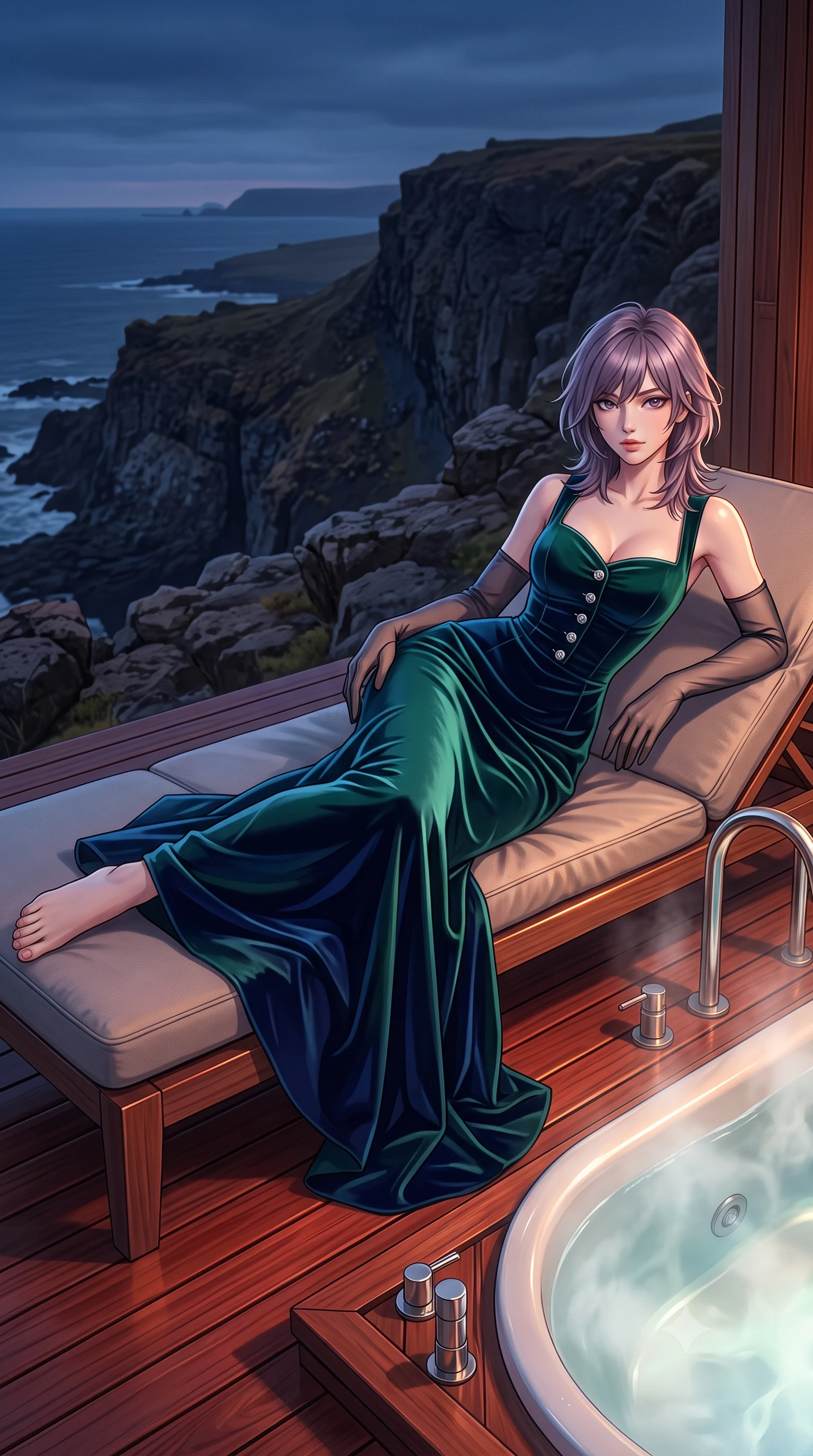 score_9, masterpiece, best quality, ultra-detailed, high-budget anime keyframe, editorial fashion photography, tasteful artistic composition, Japanese woman. low angle full-body shot from head to toe showing her feet, filling the entire 9:16 vertical frame with her statuesque presence, stretching her vertical silhouette. reclining gracefully across the plush chaise lounge with one leg extended, her sculpted silhouette and flat midriff radiating magnetic nocturnal glamour while lounging in the steaming outdoor plunge bath propped on one elbow with legs extended, her statuesque 8.5-heads silhouette commanding the wild coastal panorama. The surrounding environment is rendered in vivid detail and crisp panoramic clarity: sharp red cedar plank wood grain, stainless steel hot tub fittings, and rugged volcanic cliff rock textures in deep focus. She has an exceptionally tall and slender model-like 8.5-heads proportion, an ultra-slim waist, a flat toned midriff, narrow delicate ribcage, and beautifully sculpted feminine hips creating a graceful, slim hourglass silhouette without any bulky heaviness, with impossibly long slender legs. sharp v-shaped jawline, high-bridge nose, intricate jewel-like sparkling eyes with depth, thick eyelashes, glossy parted lips with a natural peach sheen, bright cheerful beaming smile with an enchanting and coquettish sensual glint, exuding both youthful cute charm and seductive allure, flawlessly proportioned anatomical accuracy, strict slender model proportions, natural body alignment, perfectly sculpted long slender limbs, ultra-slim waistline, clean dynamic posture without body distortion. wearing a regal Bavarian Alpine velvet dirndl-inspired tailored evening gown with delicate silver heraldic buttons in Lake Tegernsee emerald glass and royal Bavarian navy, tailored from ultra-plush silk velvet with rich tactile depth and deep shadow gradients, complemented by sheer opera-length evening gloves tracing her slender arms, the impeccably tailored cut draping gracefully along her slender figure with aristocratic poise. illuminated by cedar deck reflection bounce and sharp copper-gold rim lights sculpting her jawline, narrow waist, and curvy hips. ultra-reflective glossy finish, specular highlights, rich textural contrasts, high-contrast stereoscopic depth, volumetric dynamic lighting, 2k, ultra detail, master piece, 9:16 ratio