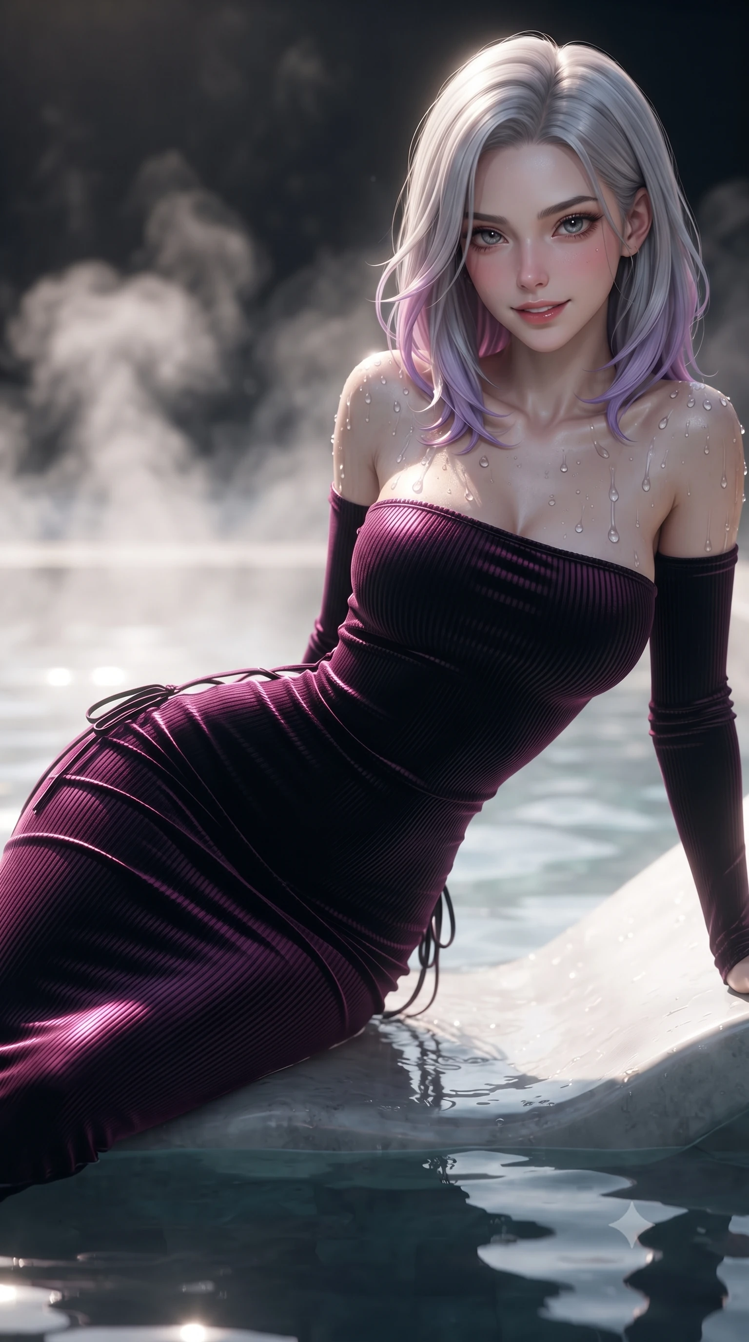 score_9, masterpiece, best quality, ultra-detailed, high-budget anime keyframe, editorial fashion photography, tasteful artistic composition, Caucasian woman. close-up cowboy shot from the waist and thighs up, the character dominates the composition, filling the frame with her large presence. leaning forward while arching her lower back to accentuate her curvy hips, looking into the camera with an intoxicating smoldering gaze and bedroom-eyes while lounging gracefully on the submerged ergonomic bench with legs extended, casting an alluring, parted-lip smile toward the camera. The background shows a soft-focus rising mineral spa steam plumes softened in breathtaking high-altitude shallow focus. She has an exceptionally elegant, slender, and willowy female figure with an ultra-slim waist, flat toned midriff, narrow ribcage, and sculpted feminine hips creating an alluring, slim hourglass silhouette without bulk. sharp v-shaped jawline, high-bridge nose, sparkling eyes with hypnotic seductive depth, thick curled eyelashes, glossy parted lips with a natural dewy peach sheen, alluring bedroom-eyes with an enchanting coquettish smile, exuding magnetic siren charisma and sophisticated glamour, flawlessly proportioned anatomical accuracy, strict slender model proportions, natural body alignment, perfectly sculpted long slender limbs, ultra-slim waistline, clean dynamic posture without body distortion. wearing a form-contouring ribbed knit tube dress with subtle side-lace ties tracing the curve of her hips in wet-look onyx black with electric magenta reflections, tailored from ultra-plush velvet with rich tactile depth and deep shadow gradients, finished with glistening drops of pool water beading across her sculpted shoulders and collarbones, the glove-like clinging cut tightly following the natural contour of her hips and long slender legs with youthful 8.5-heads elegance. illuminated by hot water surface reflections and sharp platinum rim lights defining her delicate clavicles, ultra-slim waist, and curvy hips. ultra-reflective glossy finish, specular highlights, rich textural contrasts, high-contrast stereoscopic depth, volumetric dynamic lighting, 2k, ultra detail, master piece, 9:16 ratio