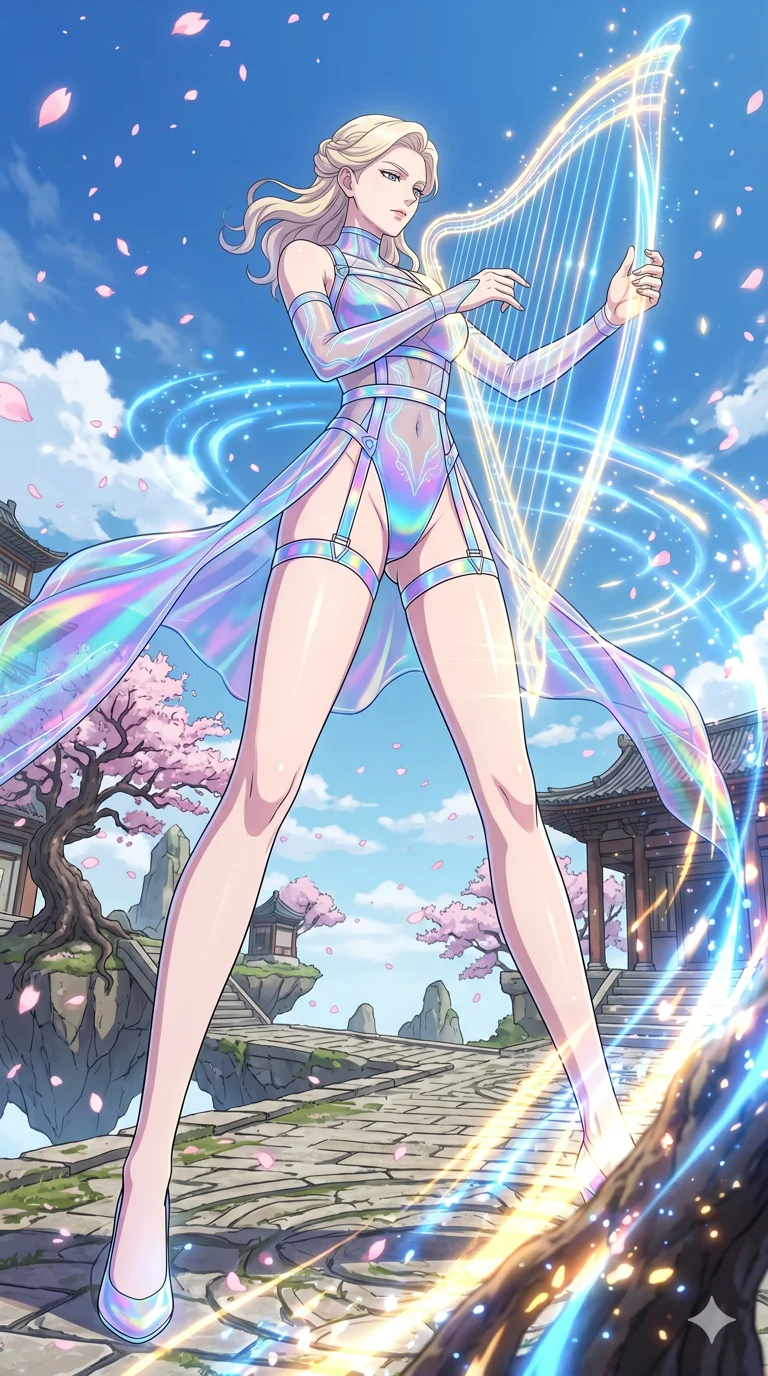 score_9, masterpiece, best quality, ultra-detailed, High-budget Anime Keyframe, vibrant colors, fluid line-art, expressive lighting, cinematic composition, Ufotable-style visual effects, top-tier animation quality, Caucasian woman with pale skin, blonde hair, and (strictly human ears). Wide-angle low shot emphasizing her impossibly long slender legs and commanding stature. Playing a celestial harp made of strings of pure light, the music creating ripples in the atmosphere around her. She has an absolutely perfect 8-heads proportion, an exceptionally tall and slender female figure with impossibly long slender legs and an ultra-slim waist, her statuesque height and towering silhouette dominating the vertical 9:16 frame. Her face is a masterpiece featuring a sharp v-shaped jawline, high-bridge nose, intricate jewel-like eyes with depth, thick eyelashes, and glossy lips with a natural sheen. She is wearing a Micro-bodysuit with a complex integrated harness system and high-cut leg lines crafted from Holographic chiffon that changes color with every movement, creating a rainbow effect, with sheer fabric transparency over her delicate curves and a high-cut silhouette. The scene is set in an ancient floating island with pink cherry blossoms falling like snow against a blue sky, illuminated by intense energy flares from her powers illuminating the scene with brilliant light. 2k, ultra detail, master piece, 9:16 ratio