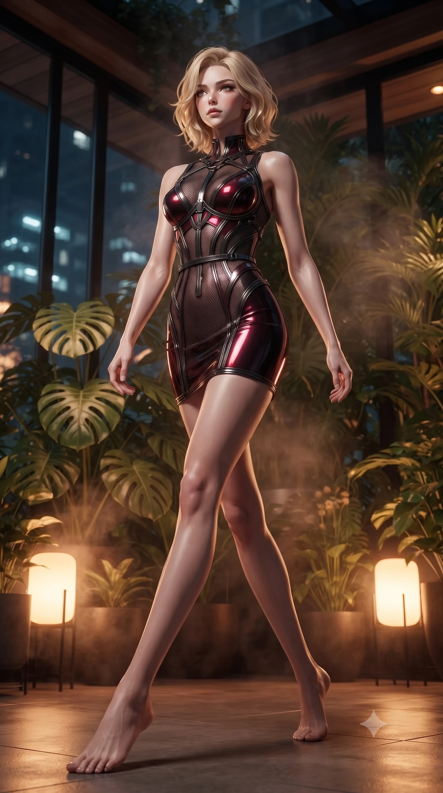 score_9, masterpiece, best quality, ultra-detailed, high-budget anime keyframe, editorial fashion photography, tasteful artistic composition, Caucasian woman. low angle full-body shot from head to toe showing her feet, filling the entire 9:16 vertical frame with her statuesque presence, stretching her vertical silhouette. stepping gracefully through the luxurious environment, stretching her statuesque silhouette, standing amidst lush tropical monstera plants illuminated by warm amber floor lamps, cool night atmosphere outside contrasting with warm humid interior steam. She has an absolutely perfect, statuesque 8.5-heads proportion, an exceptionally tall and slender model-like female figure with impossibly long slender legs and an ultra-slim waist. sharp v-shaped jawline, high-bridge nose, intricate jewel-like eyes with depth, thick eyelashes, glossy lips with a natural sheen. wearing architectural cut-out dark leather mini dress with sculpted metallic boning in deep crimson burgundy, made of fine dark contouring mesh, highlighted by a gunmetal metallic harness structure, following her slender form with tailored precision. illuminated by warm amber floor lights filtering through tropical greenery. ultra-reflective glossy finish, specular highlights, metallic sheen, high-contrast stereoscopic depth, volumetric dynamic lighting, 2k, ultra detail, master piece, 9:16 ratio