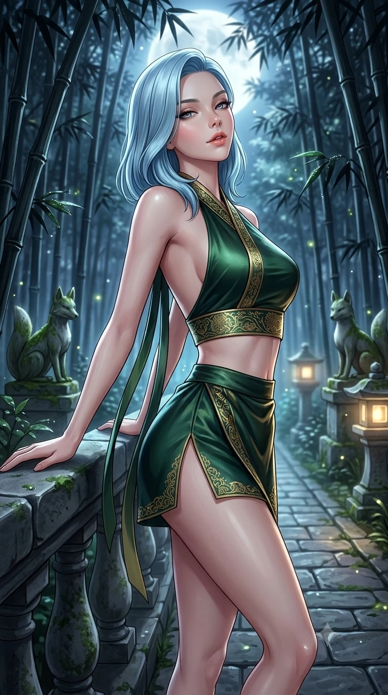 score_9, masterpiece, best quality, ultra-detailed, high-budget anime keyframe, semi-realistic 3D game render, editorial fashion photography, tasteful artistic composition, Korean woman. close-up cowboy shot from the waist and thighs up, the character dominates the composition, filling the frame with her large presence. leaning back against the balustrade with relaxed seductive grace, head tilted back slightly while casting a hypnotic, heavy-lidded gaze while stepping forward along the stone path with hypnotic grace, hips swaying in an alluring sensual rhythm that accentuates her curvy silhouette. The background shows a soft-focus towering black bamboo stalks, moss-covered kitsune fox statues, and stone pathway lanterns blurred into jade, silver, and slate bokeh. She has an exceptionally elegant, slender, and willowy female figure with an ultra-slim waist, flat toned midriff, narrow ribcage, and sculpted feminine hips creating an alluring, slim hourglass silhouette without bulk. sharp v-shaped jawline, high-bridge nose, sparkling eyes with hypnotic seductive depth, thick curled eyelashes, glossy parted lips with a natural dewy peach sheen, alluring bedroom-eyes with an enchanting coquettish smile, exuding magnetic siren charisma and sophisticated glamour, flawlessly proportioned anatomical accuracy, strict slender model proportions, natural body alignment, perfectly sculpted long slender limbs, ultra-slim waistline, clean dynamic posture without body distortion. wearing a liquid-look silk satin jeogori crop top with low-back scoop paired with high-slit wrap mini shorts in dark emerald forest and brushed antique gold, tailored from heavy double-faced silk faille with an exceptionally fluid drape, finished with long silk ribbon ties fluttering down her bare spine from a backless halter, the high-slit wrap tailoring accentuating her ultra-slim waistline and the enchanting curve of her feminine hips with alluring seductive charm. bathed in crisp silver moonlight filtering down through dense bamboo canopies creating intricate linear shadows. highly saturated vibrant anime colors, detailed shading with soft gradients, rich glossy textures, high-contrast stereoscopic depth, volumetric dynamic lighting, master piece, 9:16 ratio
