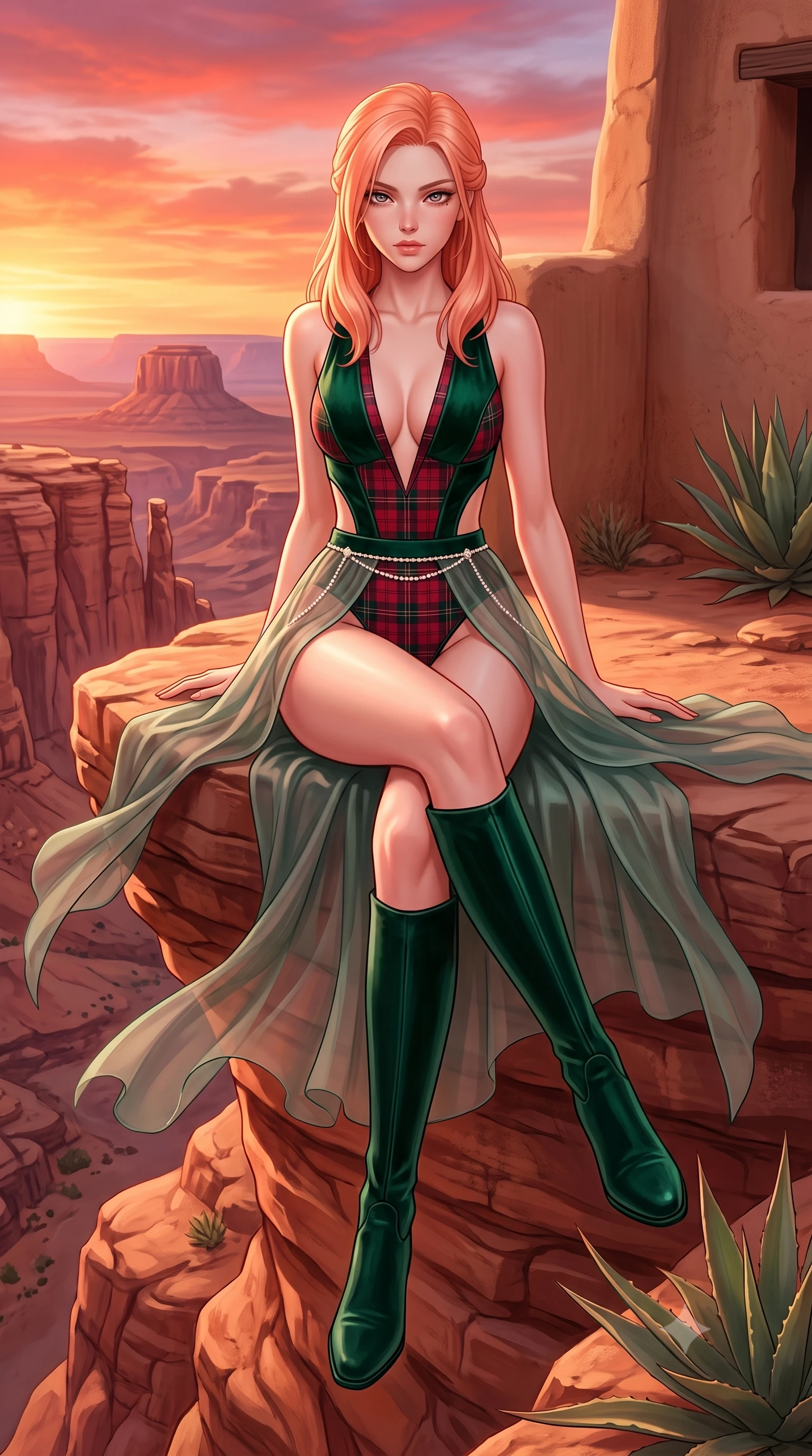 score_9, masterpiece, best quality, ultra-detailed, high-budget anime keyframe, semi-realistic 3D game render, editorial fashion photography, tasteful artistic composition, Japanese woman. low angle full-body shot from head to toe showing her feet, filling the entire 9:16 vertical frame with her statuesque presence, stretching her vertical silhouette. sitting perched on the elevated edge with hips angled toward the camera and legs crossed, displaying her toned midriff and flawlessly sculpted slender limbs while standing poised on the canyon overlook rock ledge, the desert sunset wind fluttering her sheer wrap to reveal her long legs and narrow waist. The surrounding environment is rendered in vivid detail and crisp panoramic clarity. sharp weathered red sandstone strata, smooth adobe wall textures, and desert succulent leaves in deep focus. She has an exceptionally tall and slender model-like 8.5-heads proportion, an ultra-slim waist, a flat toned midriff, narrow delicate ribcage, and beautifully sculpted feminine hips creating a graceful, slim hourglass silhouette without any bulky heaviness, with impossibly long slender legs. sharp v-shaped jawline, high-bridge nose, intricate jewel-like eyes with depth, thick eyelashes, glossy parted lips with a natural sheen, intensely captivating and seductive bedroom-eyes expression, flawlessly proportioned anatomical accuracy, strict slender model proportions, natural body alignment, perfectly sculpted long slender limbs, ultra-slim waistline, clean dynamic posture without body distortion. wearing a form-contouring equestrian leather-and-gabardine bodysuit with a deep plunge neckline and riding boots in deep emerald green velvet and royal tartan crimson, woven from layered gossamer chiffon with a weightless sweeping drape, accented with a dainty diamond waist chain catching the ambient light reflections, the precision-cut side openings and low-back scoop framing her graceful spine and the sensual sweep of her slim, toned hips. bathed in blazing crimson and copper sunset backlighting and warm sandstone bounce fill. highly saturated vibrant anime colors, detailed shading with soft gradients, rich glossy textures, high-contrast stereoscopic depth, volumetric dynamic lighting, master piece, 9:16 ratio