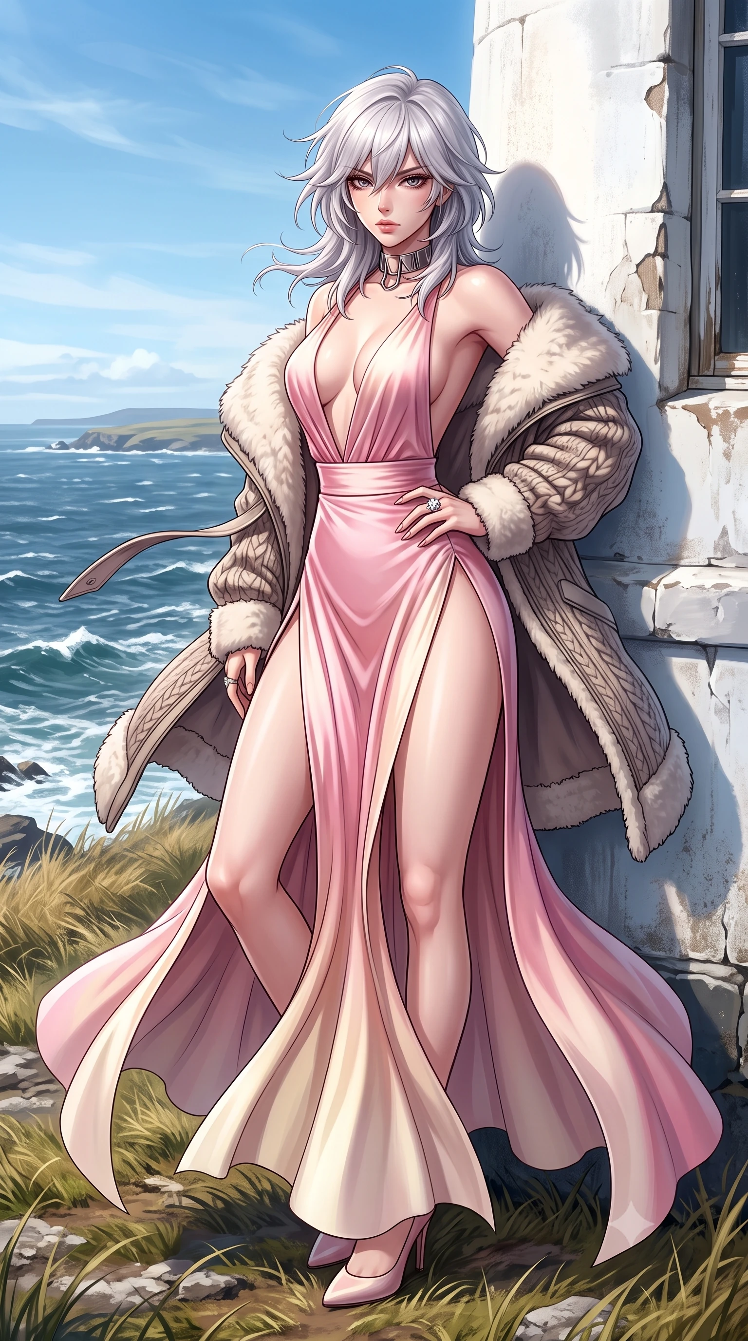 score_9, masterpiece, best quality, ultra-detailed, high-budget anime keyframe, semi-realistic 3D game render, editorial fashion photography, tasteful artistic composition, Japanese woman. low angle full-body shot from head to toe showing her feet, filling the entire 9:16 vertical frame with her statuesque presence, stretching her vertical silhouette. executing an elegant mid-motion pivot turn as garments swirl around her slender limbs, glancing over her shoulder with an intoxicating bedroom-gaze while leaning against the whitewashed lighthouse stone base with hips cocked back, looking over a bare fur-draped shoulder with fierce smoldering eyes. The surrounding environment is rendered in vivid detail and crisp panoramic clarity. detailed heavy knit and shearling outerwear drape, wind-blown hair strands, and North Atlantic horizon in high clarity. She has an exceptionally tall and slender model-like 8.5-heads proportion, an ultra-slim waist, a flat toned midriff, narrow delicate ribcage, and beautifully sculpted feminine hips creating a graceful, slim hourglass silhouette without any bulky heaviness, with impossibly long slender legs. sharp v-shaped jawline, high-bridge nose, intricate jewel-like eyes with depth, thick eyelashes, glossy parted lips with a natural sheen, intensely captivating and seductive bedroom-eyes expression, flawlessly proportioned anatomical accuracy, strict slender model proportions, natural body alignment, perfectly sculpted long slender limbs, ultra-slim waistline, clean dynamic posture without body distortion. wearing a plunging-V neckline duchess satin gown with high side slits ascending to the high hip in sakura blossom pink and warm ivory, tailored from water-resistant treated wool gabardine and flexible stretch silk, complemented by a bold geometric choker and sparkling cocktail ring, the liquid-tight tailored fabric clinging flawlessly to her narrow waist and rounded feminine hips, emphasizing every millimeter of her sculpted slim hourglass curves without any bulky heaviness. illuminated by crisp oceanic ambient light contouring her razor-sharp jawline, narrow waist, and curvy hips. highly saturated vibrant anime colors, detailed shading with soft gradients, rich glossy textures, high-contrast stereoscopic depth, volumetric dynamic lighting, master piece, 9:16 ratio
