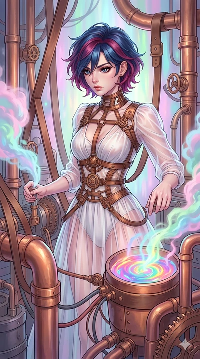 score_9, masterpiece, best quality, ultra-detailed, high-budget anime keyframe, Caucasian woman, strictly human ears. upper body close-up from the thighs up, character filling the screen for maximum presence. operating a steampunk aurora foundry surr