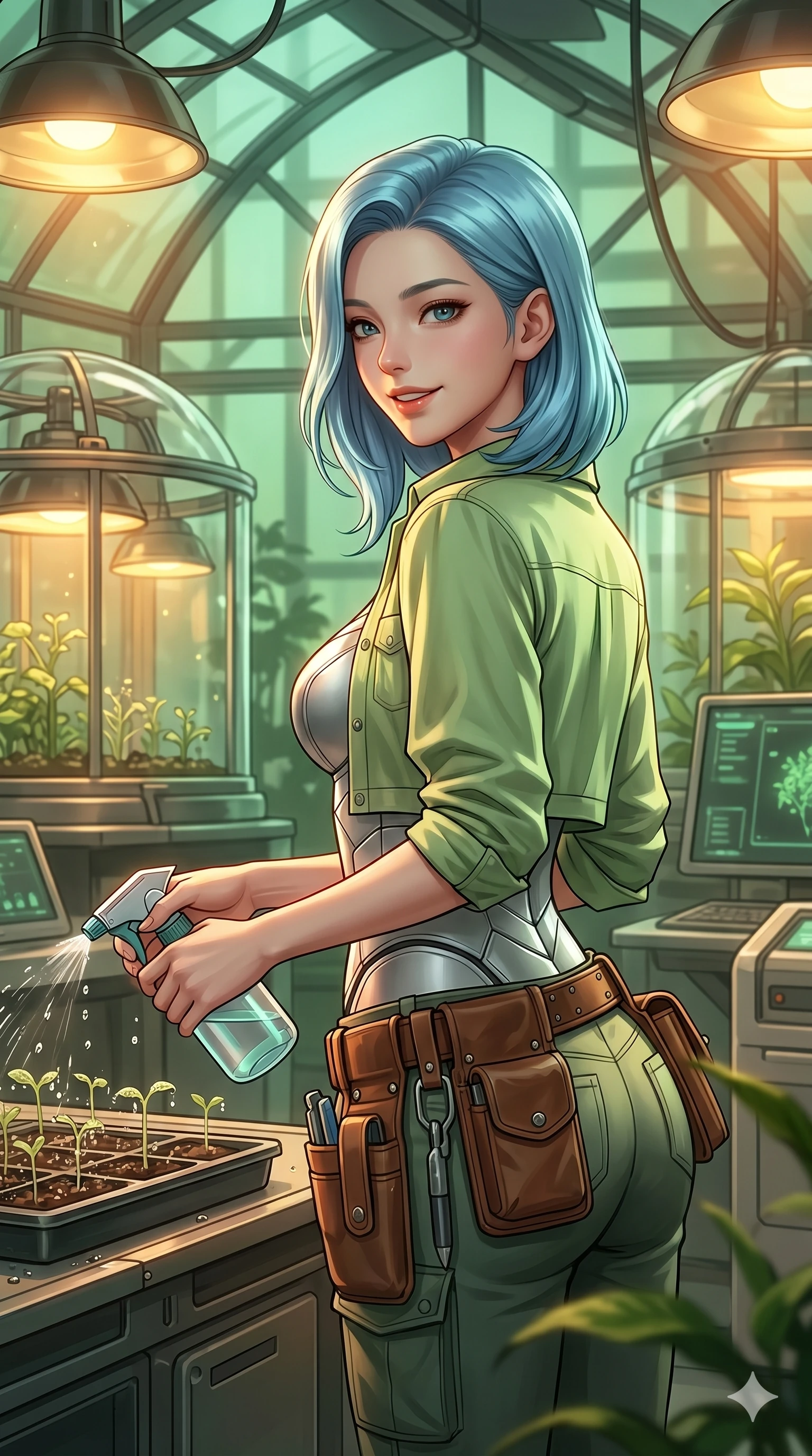 score_9, masterpiece, best quality, ultra-detailed, high-budget anime keyframe, semi-realistic 3D game render, Korean woman. Upper body close-up from the thighs up, character filling the screen for maximum presence. Inside a biotech lab greenhouse, watering seedlings, holding a small watering spray, looking back with a happy, friendly expression. She is wearing a cropped work shirt over a silver bodice, with a leather utility belt. The scene is lit by warm yellow grow lights and soft green ambient light. 2k, ultra detail, master piece, 9:16 ratio