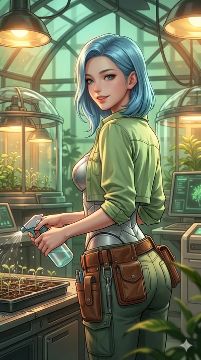 score_9, masterpiece, best quality, ultra-detailed, high-budget anime keyframe, semi-realistic 3D game render, Korean woman. Upper body close-up from the thighs up, character filling the screen for maximum presence. Inside a biotech lab greenhouse, w