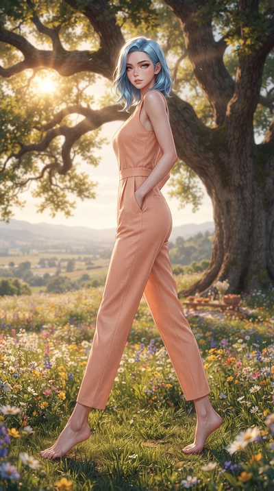 score_9, masterpiece, best quality, ultra-detailed, high-budget anime keyframe, editorial fashion photography, tasteful artistic composition, Korean woman woman. low angle full-body shot from head to toe showing her feet, filling the entire 9:16 vert