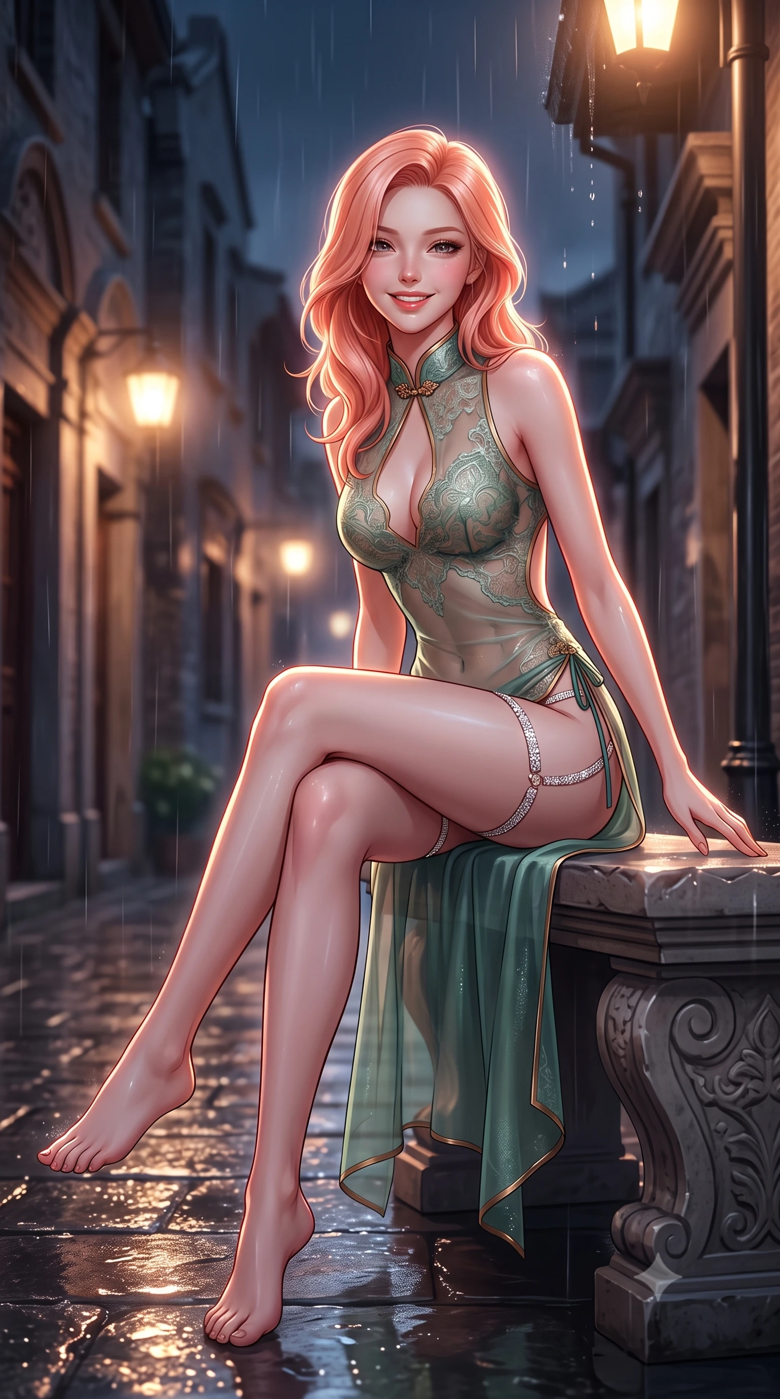 score_9, masterpiece, best quality, ultra-detailed, high-budget anime keyframe, semi-realistic 3D game render, editorial fashion photography, tasteful artistic composition, Japanese woman. low angle full-body shot from head to toe showing her feet, filling the entire 9:16 vertical frame with her statuesque presence, stretching her vertical silhouette. stepping slowly toward the camera with hypnotic grace, hips swaying in an alluring sensual rhythm that accentuates her curvy hourglass silhouette and long slender legs while sitting gracefully on the carved stone bench with legs crossed, flashing a radiant, flirtatious smile toward the lens. The background shows a soft-focus rain droplets dripping from eaves softened in historic Shikumen alley nocturne shallow focus. She has an exceptionally tall and slender model-like 8.5-heads proportion, an ultra-slim waist, a flat toned midriff, narrow delicate ribcage, and beautifully sculpted feminine hips creating a graceful, slim hourglass silhouette without any bulky heaviness, with impossibly long slender legs. sharp v-shaped jawline, high-bridge nose, intricate jewel-like sparkling eyes with depth, thick eyelashes, glossy parted lips with a natural peach sheen, bright cheerful beaming smile with an enchanting and coquettish sensual glint, exuding both youthful cute charm and seductive allure, flawlessly proportioned anatomical accuracy, strict slender model proportions, natural body alignment, perfectly sculpted long slender limbs, ultra-slim waistline, clean dynamic posture without body distortion. wearing a delicate sheer Chantilly lace cheongsam teddy with open mandarin collar and deep keyhole back in French Concession jade green and gilded bronze, crafted from translucent silk organza with an ethereal crystalline sheen, finished with delicate crystal-encrusted thigh garter straps glinting in the dim light, the high-slit wrap tailoring accentuating her ultra-slim waistline and the enchanting curve of her feminine hips with alluring seductive charm. illuminated by wet ground specular highlights and sharp rose-gold rim lights sculpting her jawline, flat midriff, and curvy hips. highly saturated vibrant anime colors, detailed shading with soft gradients, rich glossy textures, high-contrast stereoscopic depth, volumetric dynamic lighting, master piece, 9:16 ratio