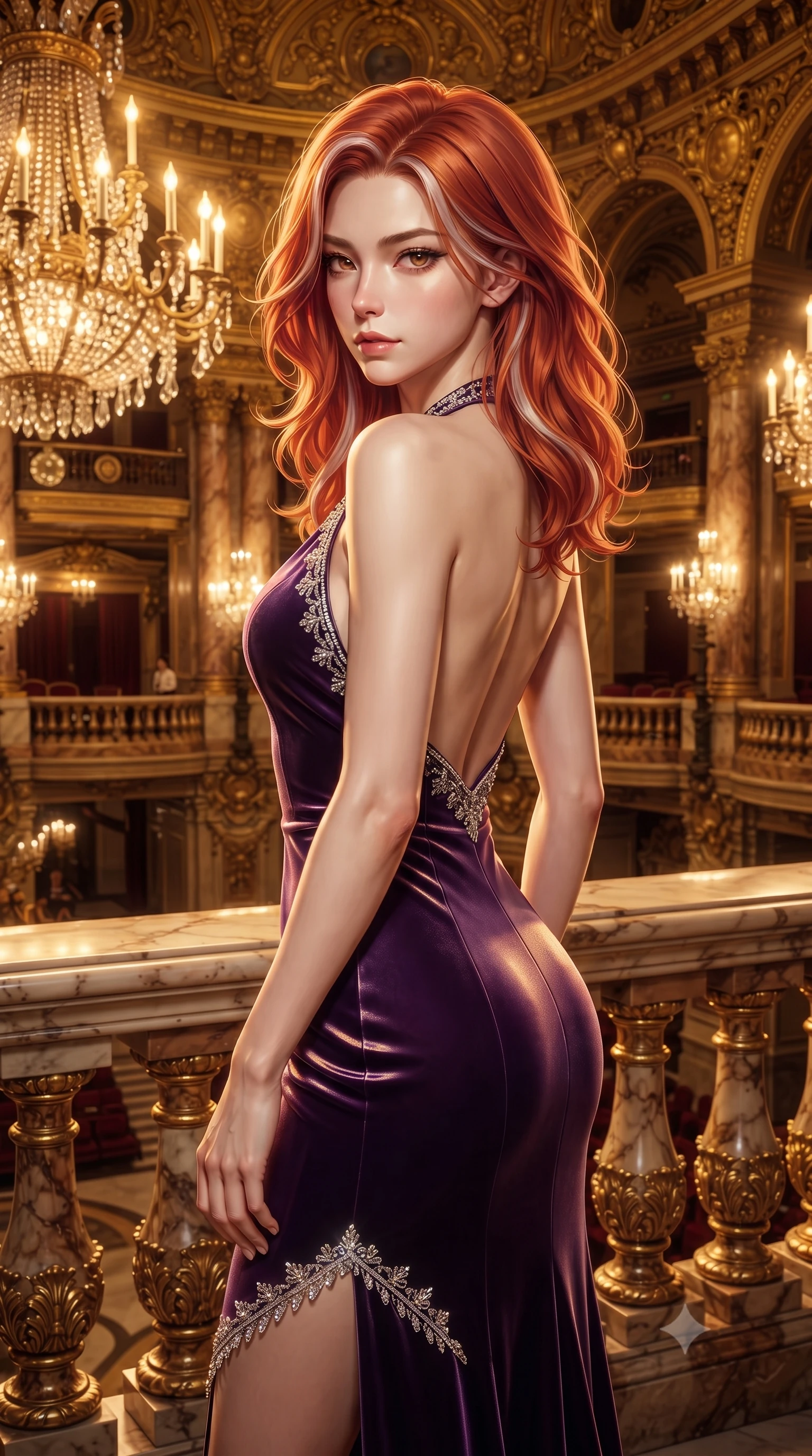 score_9, masterpiece, best quality, ultra-detailed, high-budget anime keyframe, editorial fashion photography, tasteful artistic composition, Caucasian woman. close-up cowboy shot from the waist and thighs up, the character dominates the composition, filling the frame with her large presence. turning over her shoulder with an indomitable, smoldering gaze, her soft hair framing her razor-sharp v-shaped jawline while standing poised on a lavish gilded balcony overlooking a grand opera house bathed in cascading crystal chandelier light. The surrounding environment is rendered in vivid detail and crisp panoramic clarity. intricate gold-leaf rococo carvings, sparkling crystal chandelier facets, and polished marble balustrades in sharp focus. She has an exceptionally elegant, slender, and willowy female figure with an ultra-slim waist, a gracefully sculpted slender torso, toned flat midriff, and a refined slim silhouette. sharp v-shaped jawline, high-bridge nose, intricate jewel-like eyes with depth, thick eyelashes, glossy lips with a natural sheen, captivating and magnetic expression, flawlessly proportioned anatomical accuracy, strict slender model proportions, natural body alignment, perfectly sculpted long slender limbs, ultra-slim waistline, clean dynamic posture without body distortion. wearing a plunging halter-neck liquid-metallic column dress with a dramatic bare spine in imperial purple velvet and antique gold, tailored from ultra-smooth duchess satin with a pearlescent sheen, finished with delicate crystal embroidery along the neckline and hem, the form-contouring material adhering flawlessly to her sculpted flat midriff and slender torso, emphasizing her long leg lines and perfectly proportioned willowy build. bathed in opulent golden chandelier illumination and rich ambient amber warmth. ultra-reflective glossy finish, specular highlights, rich textural contrasts, high-contrast stereoscopic depth, volumetric dynamic lighting, 2k, ultra detail, master piece, 9:16 ratio