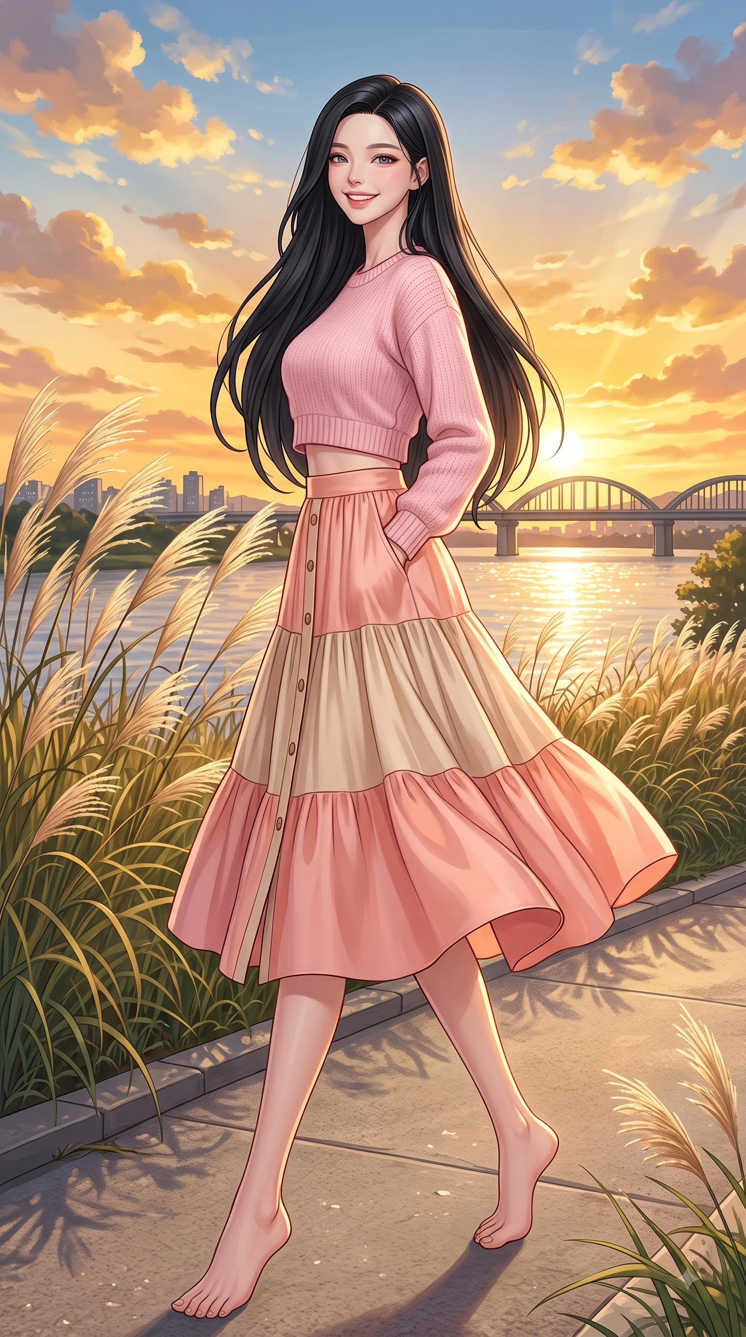 score_9, masterpiece, best quality, ultra-detailed, high-budget anime keyframe, editorial fashion photography, tasteful artistic composition, Korean woman. low angle full-body shot from head to toe showing her feet, filling the entire 9:16 vertical frame with her statuesque presence, stretching her vertical silhouette. pivoting dynamically with a fresh infectious smile, her ultra-slim waist creating a sweeping fluid curve while walking cheerfully along a park pathway bordered by swaying pampas grass as sunset light paints the sky. The surrounding environment is rendered in vivid detail and crisp panoramic clarity. sparkling river waters, iconic city bridge silhouettes, and vibrant golden sunset sky clouds in crisp detail. She has an absolutely perfect, statuesque 8.5-heads proportion, an exceptionally tall and slender model-like female figure with impossibly long slender legs and an ultra-slim waist. sharp v-shaped jawline, high-bridge nose, intricate jewel-like eyes with depth, thick eyelashes, glossy lips with a natural sheen, flawlessly proportioned anatomical accuracy, natural body alignment, perfectly sculpted elegant limbs, clean dynamic posture without body distortion. wearing a sweet baby-pink cropped knit sweater with a high-waisted denim A-line skirt in peach blossom pink and warm oatmeal, crafted from smooth fluid silk satin, finished with neat front wooden buttons and pocket details, the tailored casual silhouette highlighting her fresh and youthful presence. surrounded by a serene, uplifting, and romantic park ambiance. highly saturated vibrant anime colors, detailed shading with soft gradients, rich glossy textures, high-contrast stereoscopic depth, volumetric dynamic lighting, master piece, 9:16 ratio
