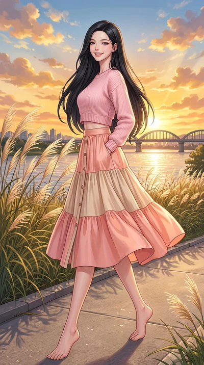 score_9, masterpiece, best quality, ultra-detailed, high-budget anime keyframe, editorial fashion photography, tasteful artistic composition, Korean woman. low angle full-body shot from head to toe showing her feet, filling the entire 9:16 vertical f