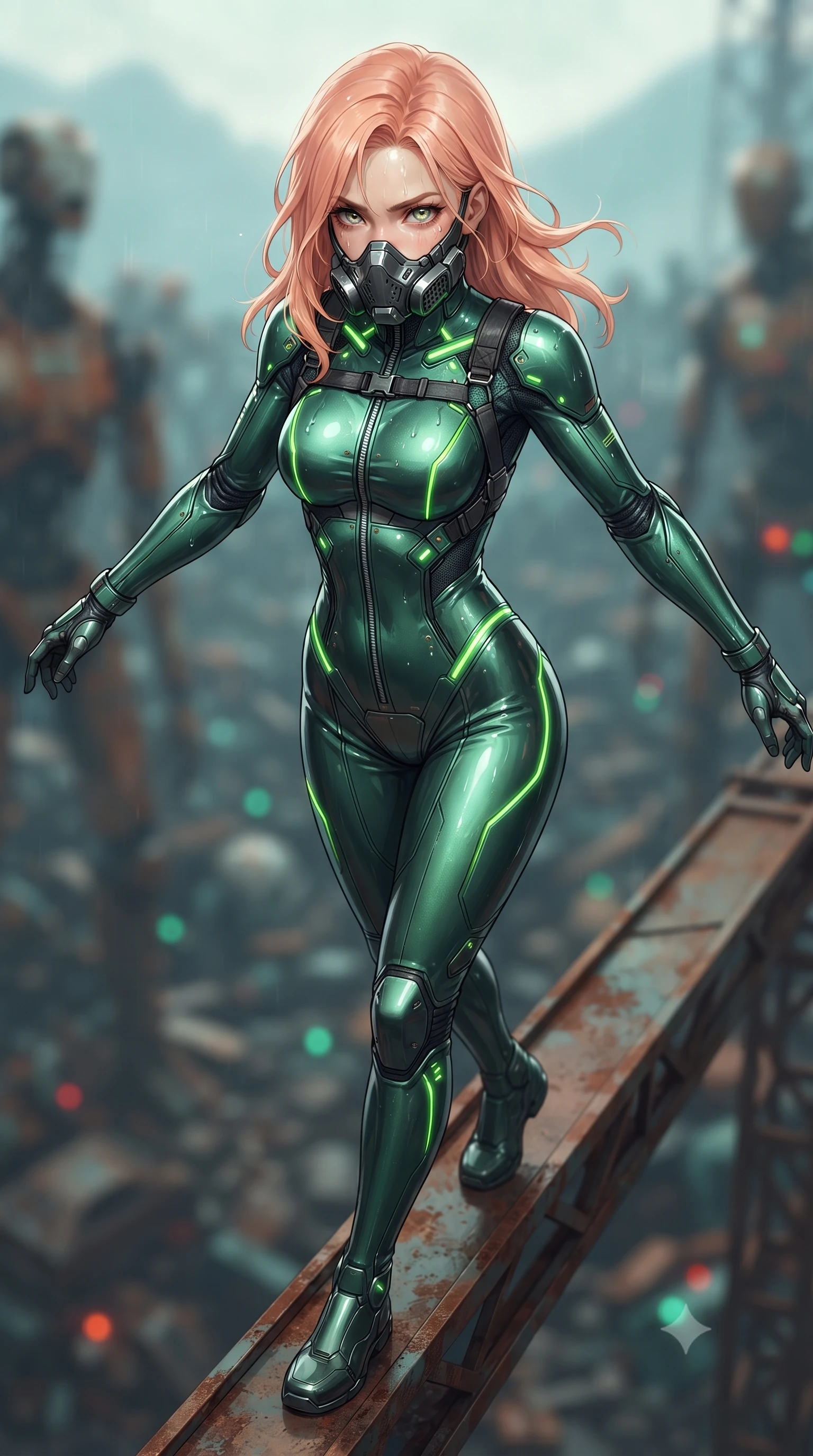 score_9, masterpiece, best quality, ultra-detailed, high-budget anime keyframe, editorial fashion photography, tasteful artistic composition, Japanese woman. close-up cowboy shot from the waist and thighs up, the character dominates the composition, filling the frame with her large presence. tilting her head slightly with solemn warrior composure, sweat and rain glistening on her sculpted collarbones and high-bridge nose while stepping along a narrow rusted crane beam suspended above the metal graveyard with supreme supermodel balance. The composition keeps background elements in soft focus with creamy bokeh. mountains of rusted android parts and blinking indicator lights blurred into rich amber, turquoise, and rust bokeh. She has an exceptionally elegant, slender, and willowy female figure with an ultra-slim waist, a gracefully sculpted slender torso, toned flat midriff, and a refined slim silhouette. sharp v-shaped jawline, high-bridge nose, intricate jewel-like eyes with depth, thick eyelashes, glossy lips with a natural sheen, fierce and resolute heroine expression, flawlessly proportioned anatomical accuracy, strict slender model proportions, natural body alignment, perfectly sculpted long slender limbs, ultra-slim waistline, clean dynamic posture without body distortion. wearing a sleek titanium half-face combat rebreather guard protecting her lower jaw while leaving her expressive eyes and long hair flowing freely, paired with a tailored tactical combat jumpsuit with an open-back harness design, reinforced composite breastplate, and high-mobility elbow dampers in toxic emerald green carbon composite with glowing lime warning channels, crafted from ultra-strong woven carbon-fiber composite with battle-tested satin luster, accented with glowing fiber-optic telemetry conduits tracing her collarbones and hip curves, the sleek second-skin cut tightly hugging her graceful clavicle, narrow waist, and feminine curves with athletic precision. illuminated by crisp specular highlights tracing her sculpted flat midriff, bare spine, and slender limbs. ultra-reflective glossy finish, specular highlights, dark metallic sheen, high-contrast stereoscopic depth, volumetric dynamic lighting, 2k, ultra detail, master piece, 9:16 ratio