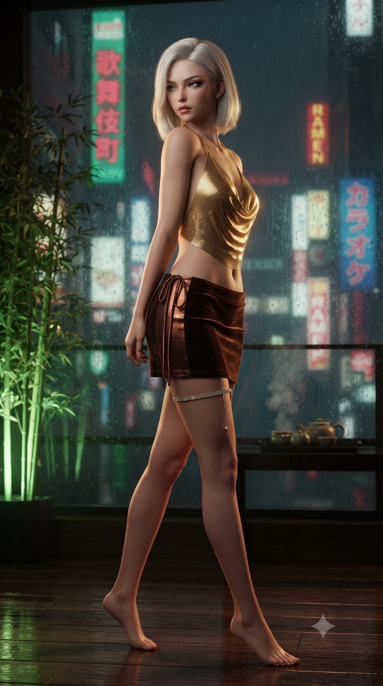 score_9, masterpiece, best quality, ultra-detailed, high-budget anime keyframe, editorial fashion photography, tasteful artistic composition, Caucasian woman. low angle full-body shot from head to toe showing her feet, filling the entire 9:16 vertical frame with her statuesque presence, stretching her vertical silhouette. walking along the terrace with poise, looking back over her bare shoulder with an irresistible smoldering bedroom-gaze while standing poised beside the illuminated laser bamboo privacy screen with hips cocked back, casting an intoxicating, heavy-lidded bedroom-gaze. The background shows a soft-focus glowing green laser bamboo poles, rainy Shinjuku neon skyscrapers outside, and curling ceramic tea steam blurred into jade, crimson, and charcoal bokeh. She has an absolutely perfect, statuesque 8.5-heads proportion, an exceptionally tall and slender model-like female figure with impossibly long slender legs, an ultra-slim waist, a flat toned midriff, narrow delicate ribcage, and beautifully sculpted feminine hips creating a graceful, slim hourglass silhouette without any bulky heaviness. sharp v-shaped jawline, high-bridge nose, sparkling eyes with hypnotic seductive depth, thick curled eyelashes, glossy parted lips with a natural dewy peach sheen, alluring bedroom-eyes with an enchanting coquettish smile, exuding magnetic siren charisma and sophisticated glamour, flawlessly proportioned anatomical accuracy, strict slender model proportions, natural body alignment, perfectly sculpted long slender limbs, ultra-slim waistline, clean dynamic posture without body distortion. wearing a liquid gold chainmail cowl halter top paired with an ultra-low-rise velvet mini skirt and side rhinestone ties in sultry espresso bronze and metallic copper, tailored from fine structural neoprene with crisp architectural edges and smooth contouring, finished with delicate crystal-encrusted thigh garter straps glinting in the dim light, the form-contouring silhouette accentuating her sculpted flat midriff, narrow delicate ribcage, and gracefully curvy hips with intoxicating allure. illuminated by lacquer floor reflection bounce and sharp warm-gold rim lights sculpting her jawline, ultra-slim waist, and curvy hips. ultra-reflective glossy finish, specular highlights, rich textural contrasts, high-contrast stereoscopic depth, volumetric dynamic lighting, 2k, ultra detail, master piece, 9:16 ratio