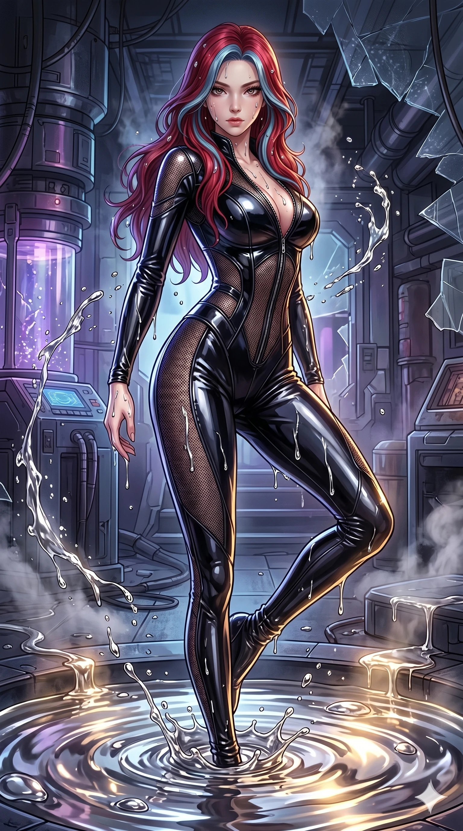 score_9, masterpiece, best quality, ultra-detailed, High-budget Anime Keyframe, East Asian woman. Dynamic full-body shot stretching the vertical silhouette to the limit. Scenario 174: Rising from a pool of mercury-like liquid, droplets rolling off her skin. Her presence is magnetic and overpowering in this high-budget anime scene. Outfit 174: A patent leather micro-mesh with a unzipped detail and tight-fitting silhouette. The clothing is designed to emphasize her exceptionally tall and slender 8-heads proportion. 8-heads proportion, towering silhouette, ultra-slim waist. sharp v-shaped jawline, intricate jewel-like eyes with depth, thick eyelashes, glossy lips. 2k, ultra detail, master piece, 9:16 ratio