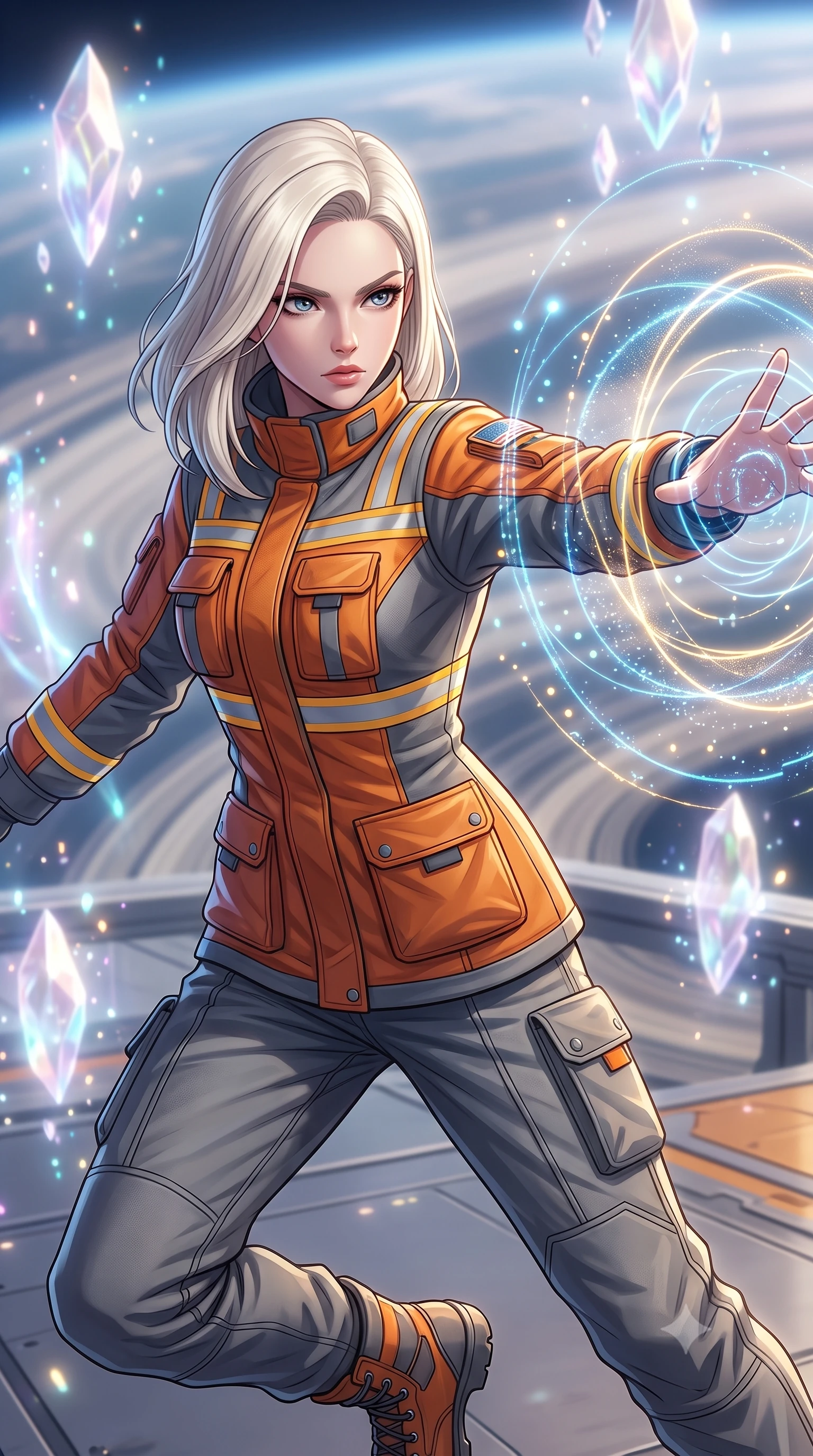 score_9, masterpiece, best quality, ultra-detailed, high-budget anime keyframe, editorial fashion photography, tasteful artistic composition, Caucasian woman, strictly human ears. close-up cowboy shot from the waist and thighs up, the character dominates the composition, filling the frame with her large presence, background elements kept in soft focus. Casting a digital tracking wave with an outstretched hand, her gaze locked on the escaping target. set against a soft-focus background of a high-altitude platform overlooking a planetary ring dock, energy fields humming all around. She has an exceptionally elegant and slender, willowy female figure with an ultra-slim waist, a gracefully sculpted slender torso, and a refined slim physique. sharp v-shaped jawline, high-bridge nose, intricate jewel-like eyes with depth, thick eyelashes, glossy lips with a natural sheen. wearing catching and diffusing the glowing particles, shimmering softly in response to the surrounding light, a tailored space station engineer jacket in durable orange and grey panels, featuring reflective safety stripes and a high collar, paired with grey utility trousers. highly saturated vibrant anime colors, intense vivid color palette, soft 3D volumetric shading, volumetric dynamic lighting, ethereal pearlescent light emanating from floating crystalline formations all around. 2k, ultra detail, master piece, 9:16 ratio