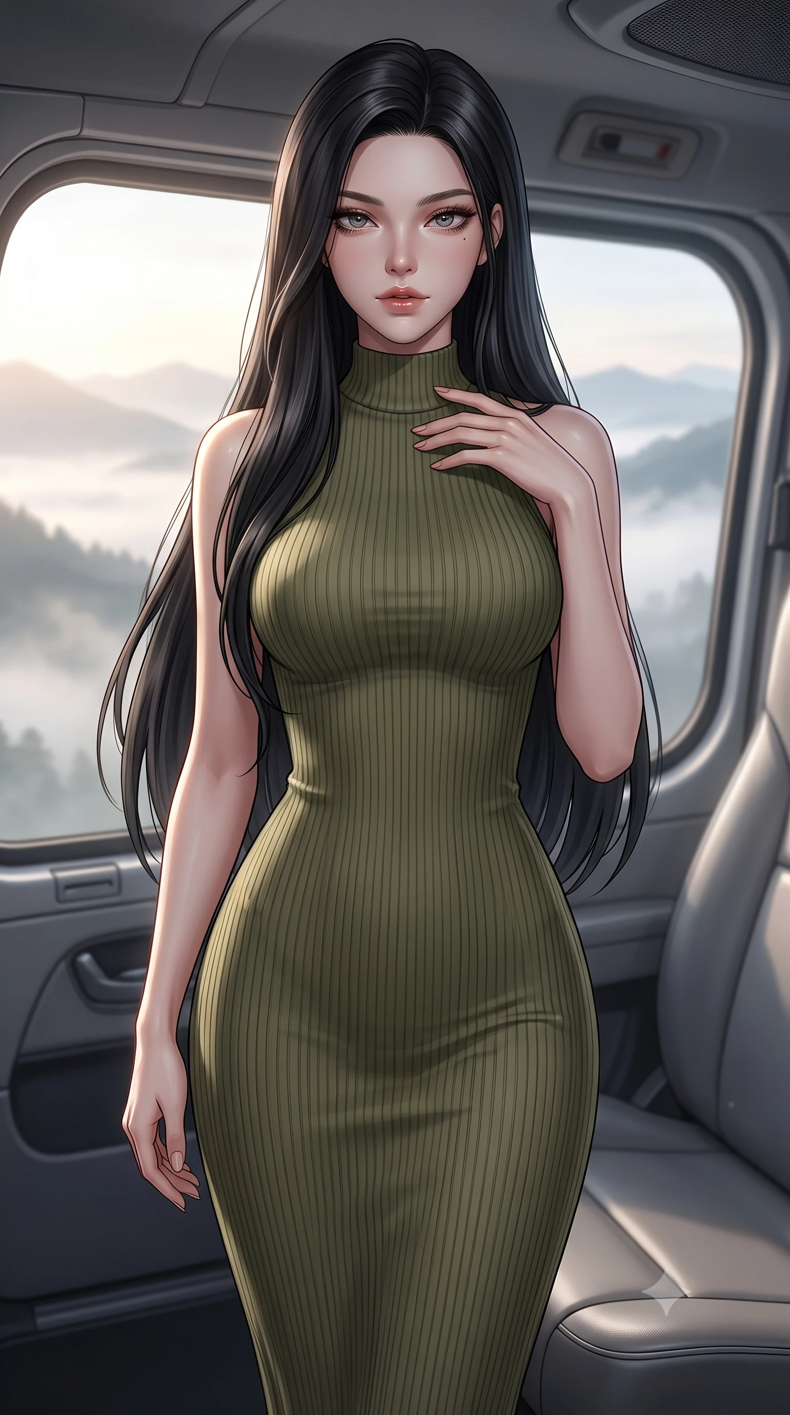 score_9, masterpiece, best quality, ultra-detailed, high-budget anime keyframe, editorial fashion photography, tasteful artistic composition, Korean woman. close-up cowboy shot from the waist and thighs up, the character dominates the composition, filling the frame with her large presence, background elements kept in soft focus. standing with one hand resting on her collarbone, looking at the viewer with bedroom-eyes the background shows a soft-focus the passenger seat of a helicopter facing a misty mountain range at dawn. She has an exceptionally elegant, slender, and willowy female figure with an ultra-slim waist, a gracefully sculpted slender torso, and a refined silhouette. sharp v-shaped jawline, high-bridge nose, intricate jewel-like eyes with depth, thick eyelashes, glossy lips with a natural sheen. wearing a slim-fit form-contouring ribbed knit bodycon midi dress in olive green, tracing her slender silhouette with a high neck. soft morning mist diffusing the sunlight, creating a tranquil atmosphere. ultra-reflective glossy finish, specular highlights, metallic sheen, high-contrast stereoscopic depth, volumetric dynamic lighting, 2k, ultra detail, master piece, 9:16 ratio