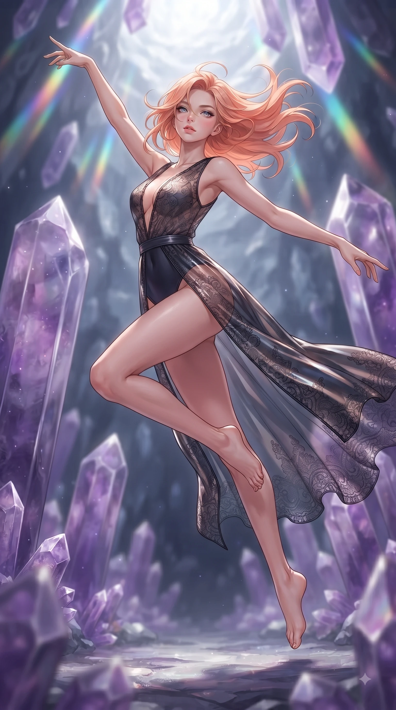 score_9, masterpiece, best quality, ultra-detailed, high-budget anime keyframe, editorial fashion photography, tasteful artistic composition, Japanese woman woman. low angle full-body shot from head to toe showing her feet, filling the entire 9:16 vertical frame with her statuesque presence, stretching her vertical silhouette. She has an absolutely perfect, statuesque 8.5-heads proportion, an exceptionally tall and slender model-like female figure with impossibly long slender legs and an ultra-slim waist. leaping inside the glowing space with athletic poise, her hair swirling in a dynamic wind vortex, flawlessly proportioned anatomical accuracy, natural body alignment, perfectly sculpted elegant limbs, clean dynamic posture without body distortion. set against a soft-focus background of a deep geode cavern filled with giant purple amethyst crystal pillars. wearing a see-through dark lace panel gown over a fitted micro-leotard with a plunging V-neckline. bathed in cold silver moonlight and refracting rainbow prismatic light from overhead crystals. ultra-reflective glossy finish, specular highlights, metallic sheen, high-contrast stereoscopic depth, volumetric dynamic lighting, 2k, ultra detail, master piece, 9:16 ratio