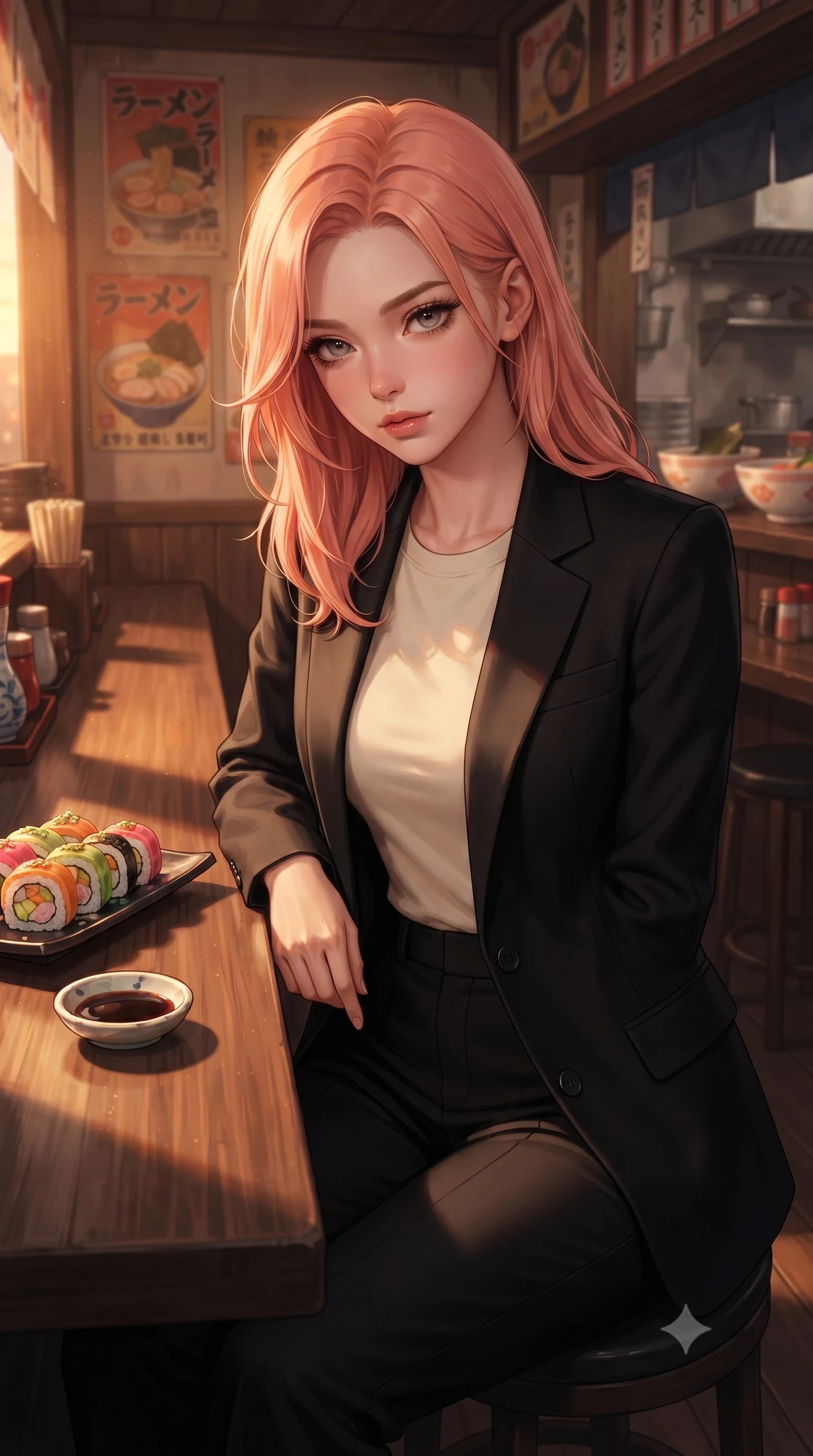 score_9, masterpiece, best quality, ultra-detailed, high-budget anime keyframe, editorial fashion photography, tasteful artistic composition, Japanese woman. close-up cowboy shot from the waist and thighs up, the character dominates the composition, filling the frame with her large presence, background elements kept in soft focus. tilting her chin down slightly, looking up at the viewer with a deeply charming, smoldering gaze set against a soft-focus background of in a charming wooden-themed ramen shop with retro posters and a counter with a plate of colorful sushi rolls and a small dish of soy sauce on the table. She has an exceptionally elegant, slender, and willowy female figure with an ultra-slim waist, a gracefully sculpted slender torso, and a refined silhouette. sharp v-shaped jawline, high-bridge nose, intricate jewel-like eyes with depth, thick eyelashes, glossy lips with a natural sheen. wearing tailored classic tailored blazer in black, worn over a simple cream tee and tailored pants. golden hour sunset light casting long warm shadows on the restaurant table. ultra-reflective glossy finish, specular highlights, metallic sheen, high-contrast stereoscopic depth, volumetric dynamic lighting, 2k, ultra detail, master piece, 9:16 ratio