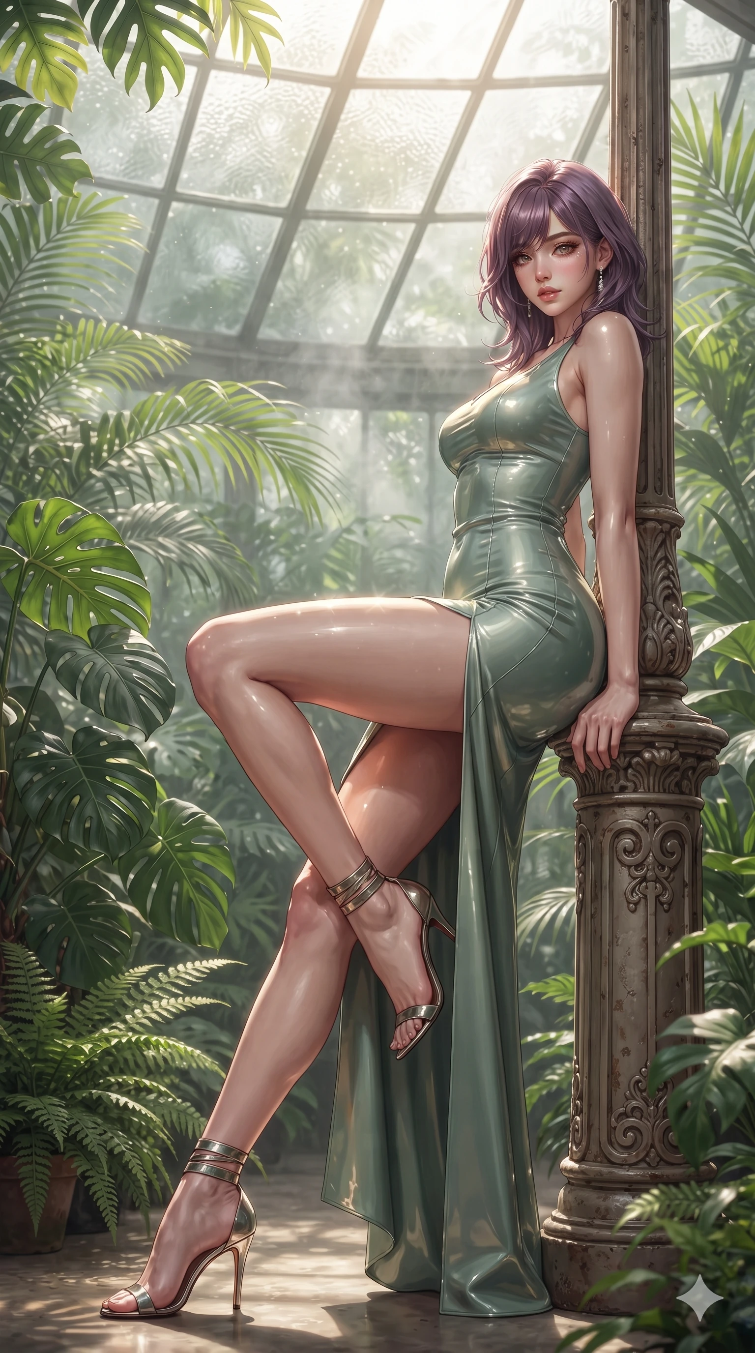 score_9, masterpiece, best quality, ultra-detailed, high-budget anime keyframe, editorial fashion photography, tasteful artistic composition, Japanese woman. low angle full-body shot from head to toe showing her feet, filling the entire 9:16 vertical frame with her statuesque presence, stretching her vertical silhouette. reclining on her side in an elegant Cleopatra pose with one knee drawn up, the dramatic contour of her rounded hips and long slender legs commanding the 9:16 vertical frame while leaning against the decorative cast-iron conservatory pillar with hips cocked back, gazing through the lush tropical foliage with smoldering eyes. The background shows a soft-focus humid conservatory tropical mist softened in glass winter garden shallow focus. She has an exceptionally tall and slender model-like 8.5-heads proportion, an ultra-slim waist, a flat toned midriff, narrow delicate ribcage, and beautifully sculpted feminine hips creating a graceful, slim hourglass silhouette without any bulky heaviness, with impossibly long slender legs. sharp v-shaped jawline, high-bridge nose, intricate jewel-like sparkling eyes with depth, thick eyelashes, glossy parted lips with a natural sheen, intensely captivating and seductive bedroom-eyes expression, exuding both youthful cute charm and sovereign luxury allure, flawlessly proportioned anatomical accuracy, strict slender model proportions, natural body alignment, perfectly sculpted long slender limbs, ultra-slim waistline, clean dynamic posture without body distortion. wearing a form-fitting liquid mercury jersey evening dress clinging smoothly to her narrow waist and rounded hips in celadon jade and antique gold-leaf, tailored from high-gloss patent leather with mirror-like specular highlights, complemented by strappy stiletto sandals with metallic ankle wraps accentuating her slender calves, the glove-like clinging cut tightly following the natural contour of her hips and long slender legs with youthful 8.5-heads elegance. bathed in the radiant, sun-drenched greenhouse light filtering through textured glass panes creating high-contrast dappled highlights. ultra-reflective glossy finish, specular highlights, rich textural contrasts, high-contrast stereoscopic depth, volumetric dynamic lighting, 2k, ultra detail, master piece, 9:16 ratio