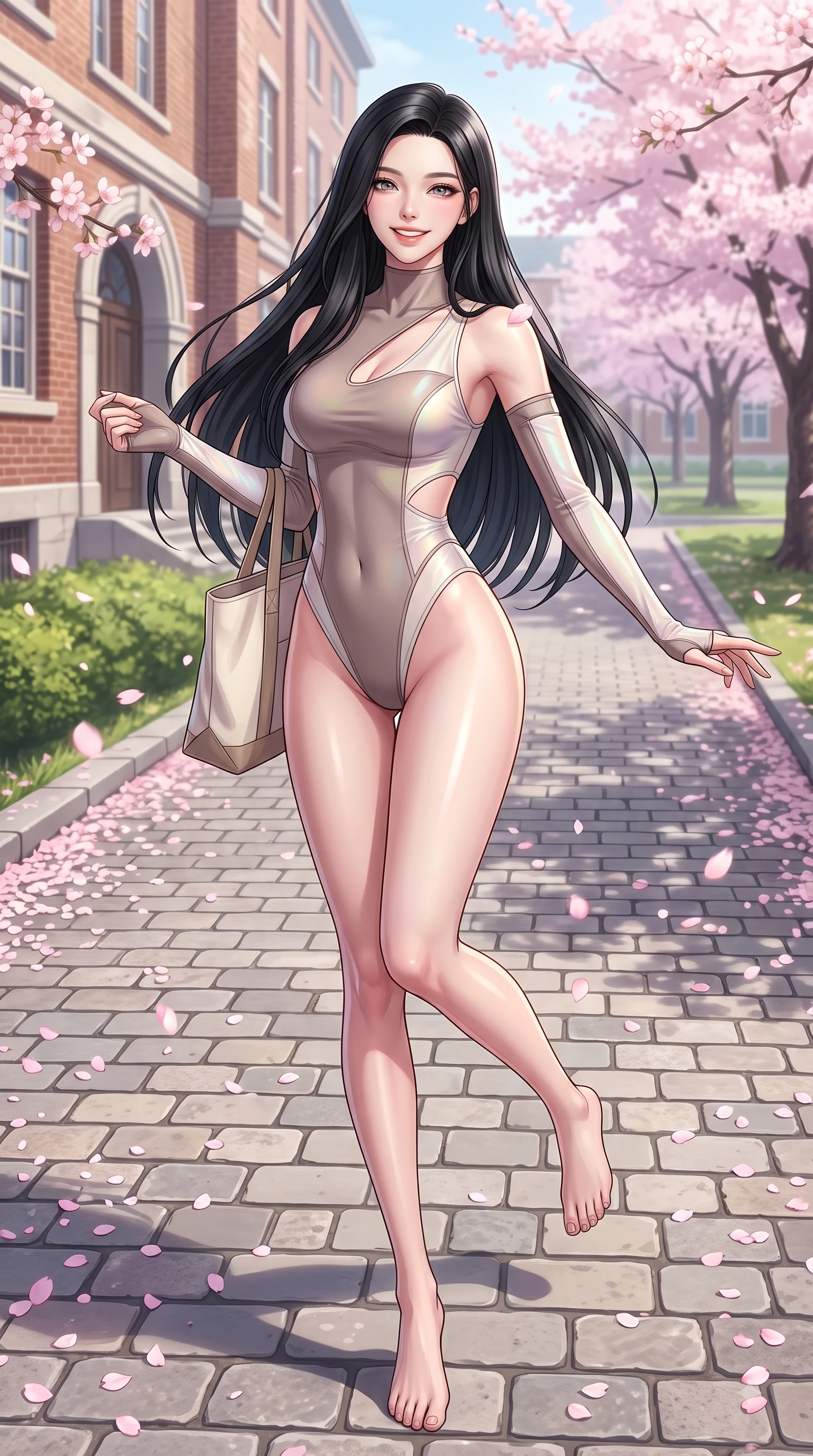score_9, masterpiece, best quality, ultra-detailed, high-budget anime keyframe, editorial fashion photography, tasteful artistic composition, Korean woman. low angle full-body shot from head to toe showing her feet, filling the entire 9:16 vertical frame with her statuesque presence, stretching her vertical silhouette. performing a cheerful mid-air rotation with flawless poise, her radiant smile capturing fresh college girlhood energy while stepping along a paved academy path carrying a canvas tote bag with fresh youthful energy, floating sakura petals scattering across the cobblestone path and her shoulder. She has an absolutely perfect, statuesque 8.5-heads proportion, an exceptionally tall and slender model-like female figure with impossibly long slender legs and an ultra-slim waist. sharp v-shaped jawline, high-bridge nose, intricate jewel-like eyes with depth, thick eyelashes, glossy lips with a natural sheen, flawlessly proportioned anatomical accuracy, natural body alignment, perfectly sculpted elegant limbs, clean dynamic posture without body distortion. wearing an asymmetrical high-cut tech-bodysuit with detached sleeves in muted taupe and soft ivory, crafted from iridescent chiffon that shifts colors in the light, featuring subtle geometric cutouts that highlight her ultra-slim midriff, the form-contouring material highlighting her ultra-slim waist and long lines. surrounded by a fresh, sweet, and nostalgic spring school atmosphere. highly saturated vibrant anime colors, detailed shading with soft gradients, rich glossy textures, high-contrast stereoscopic depth, volumetric dynamic lighting, master piece, 9:16 ratio
