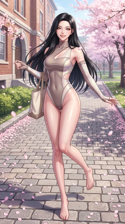 score_9, masterpiece, best quality, ultra-detailed, high-budget anime keyframe, editorial fashion photography, tasteful artistic composition, Korean woman. low angle full-body shot from head to toe showing her feet, filling the entire 9:16 vertical f